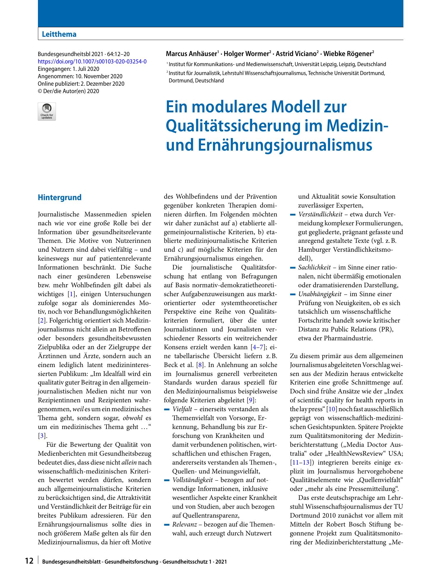 Vorschauseite 1: Ein modulares Modell zur Qualitätssicherung im Medizin- und Ernährungsjournalismus