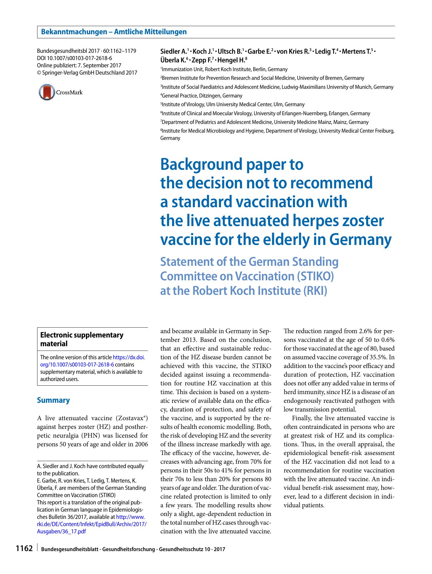 Vorschauseite 1: Background paper to the decision not to recommend a standard vaccination with the live attenuated herpes zoster vaccine for the elderly in Germany