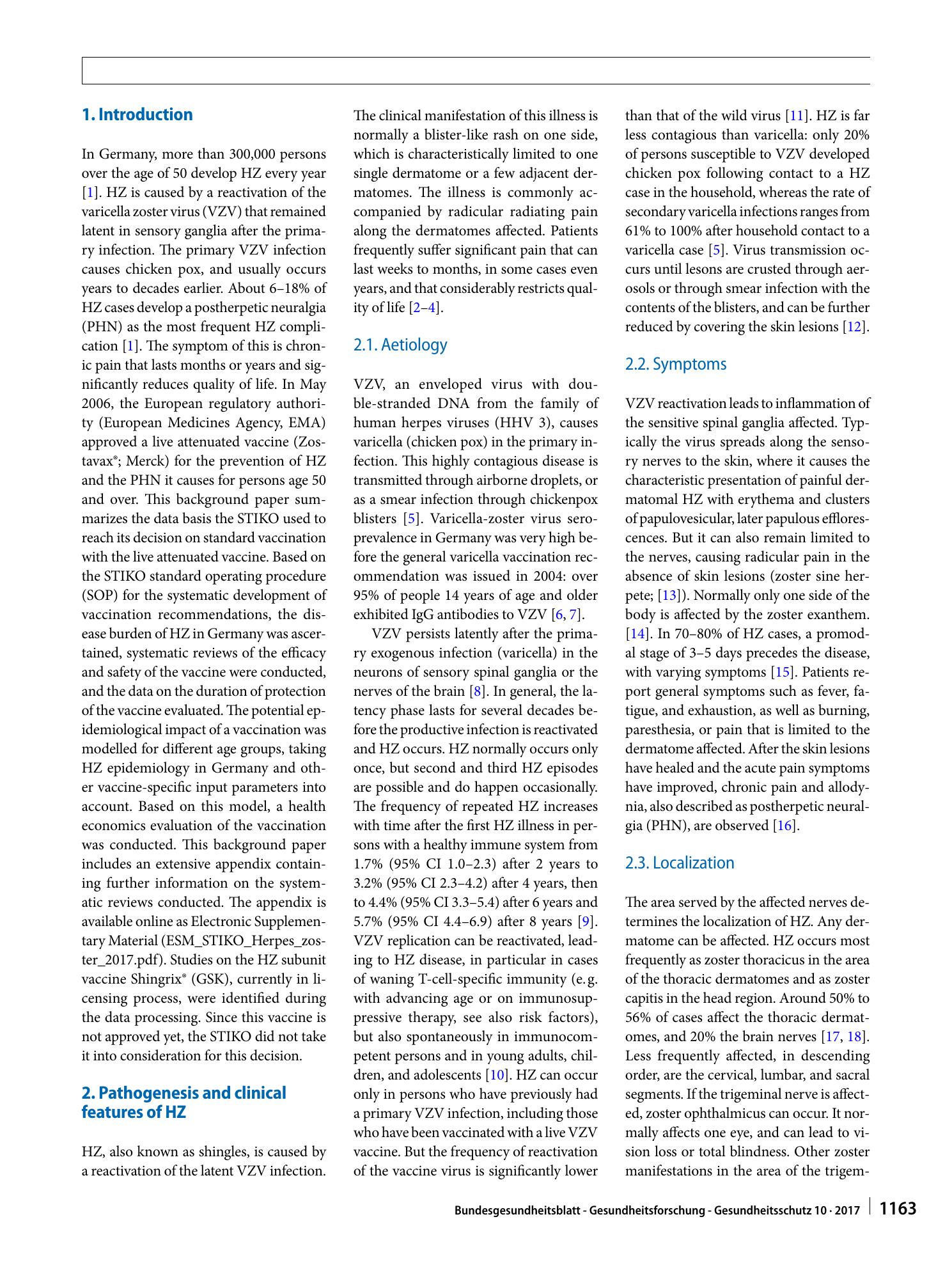Vorschauseite 2: Background paper to the decision not to recommend a standard vaccination with the live attenuated herpes zoster vaccine for the elderly in Germany