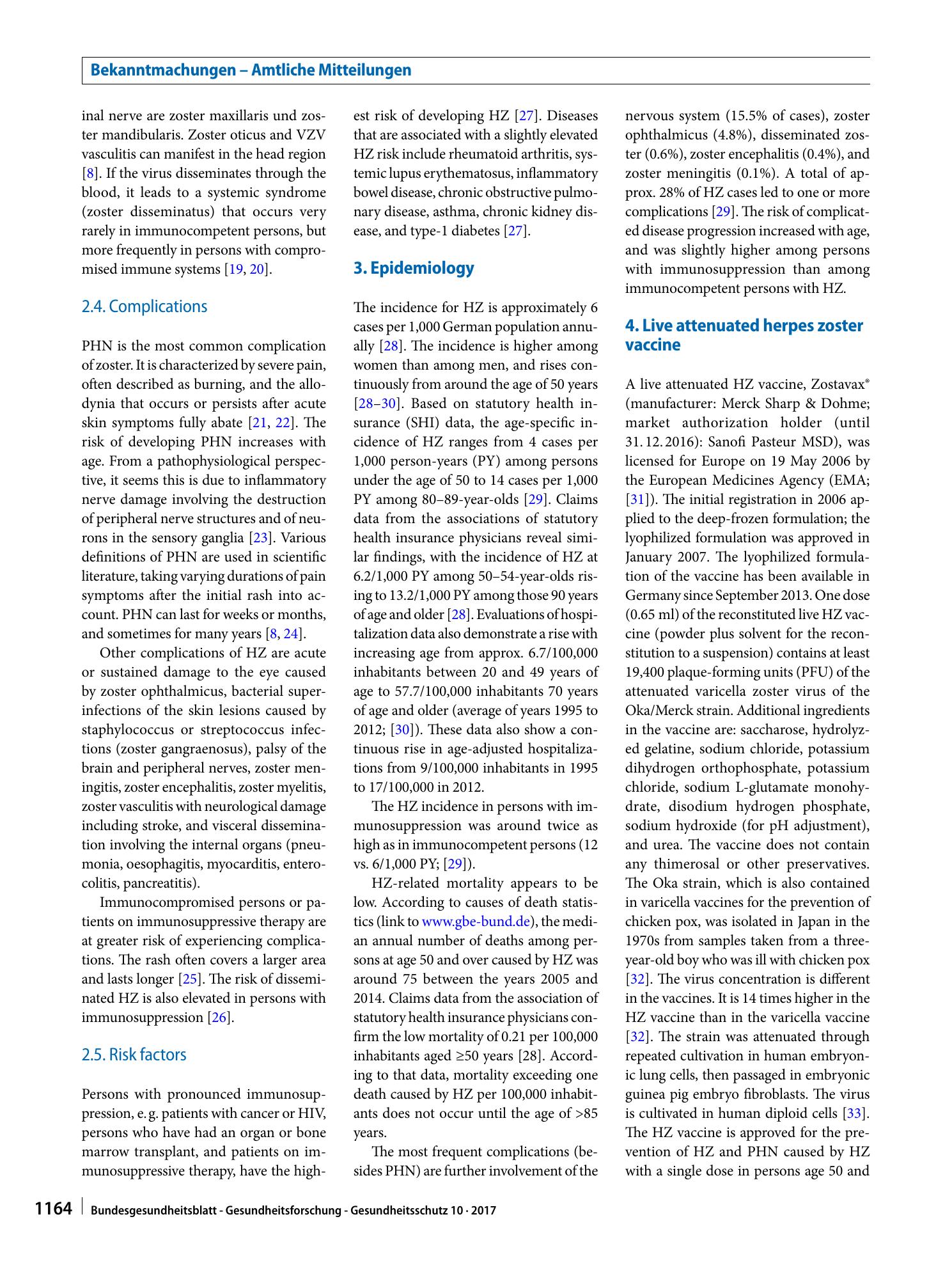 Vorschauseite 3: Background paper to the decision not to recommend a standard vaccination with the live attenuated herpes zoster vaccine for the elderly in Germany