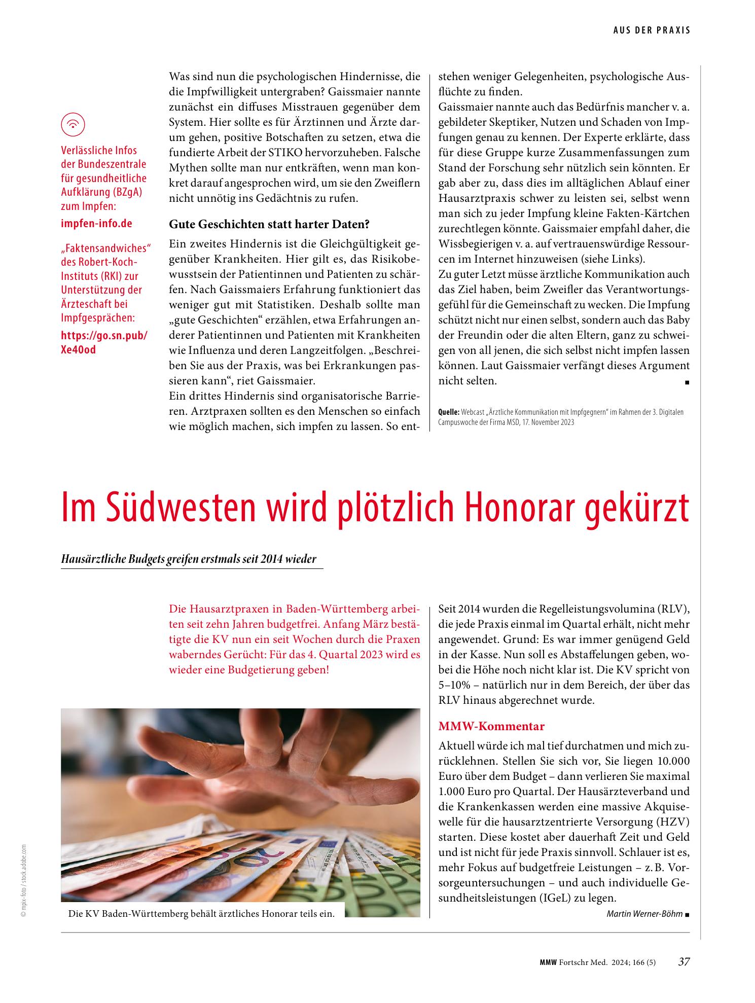 Vorschauseite 1: Im Südwesten wird plötzlich Honorar gekürzt