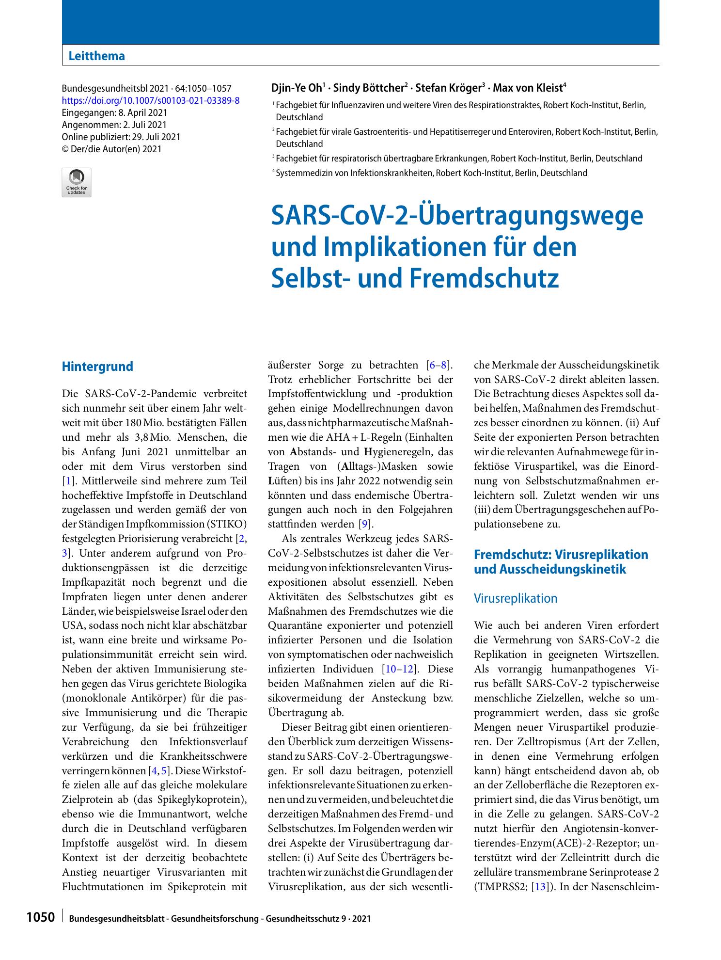 Vorschauseite 1: SARS-CoV-2-Übertragungswege und Implikationen für den Selbst- und Fremdschutz