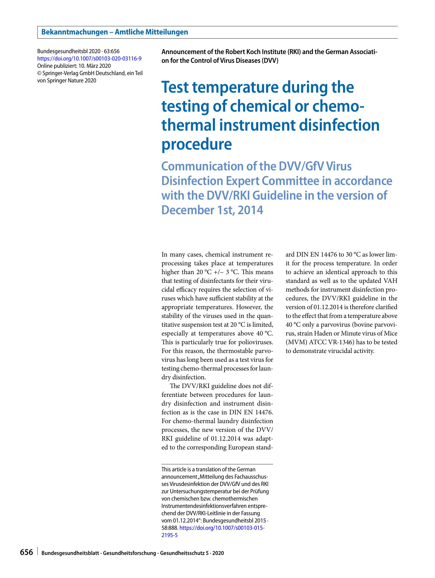 Vorschauseite 1: Test temperature during the testing of chemical or chemo-thermal instrument disinfection procedure