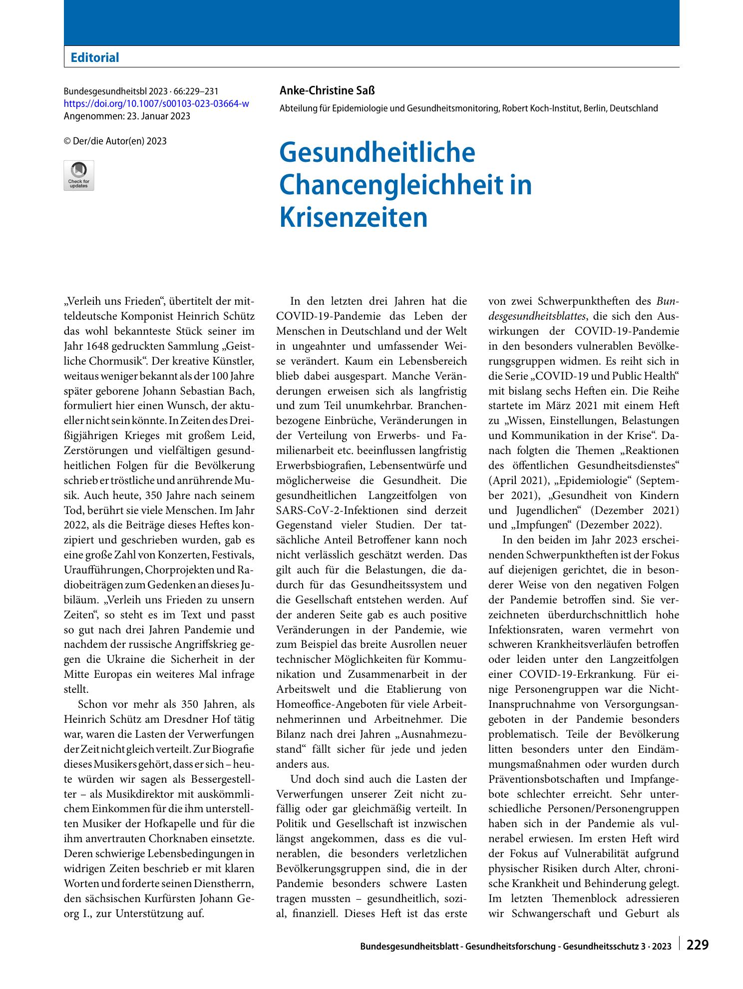 Vorschauseite 1: Gesundheitliche Chancengleichheit in Krisenzeiten