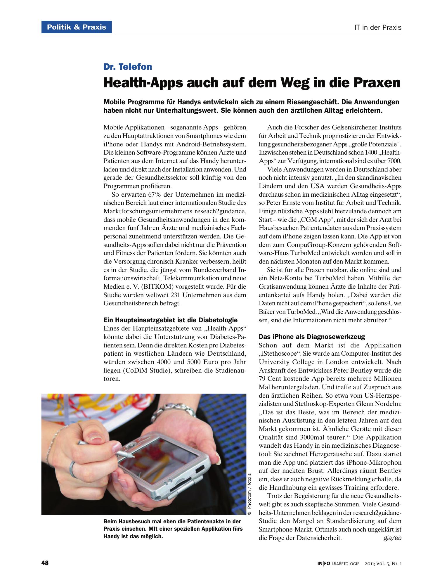 Vorschauseite 1: Health-Apps auch auf dem Weg in die Praxen