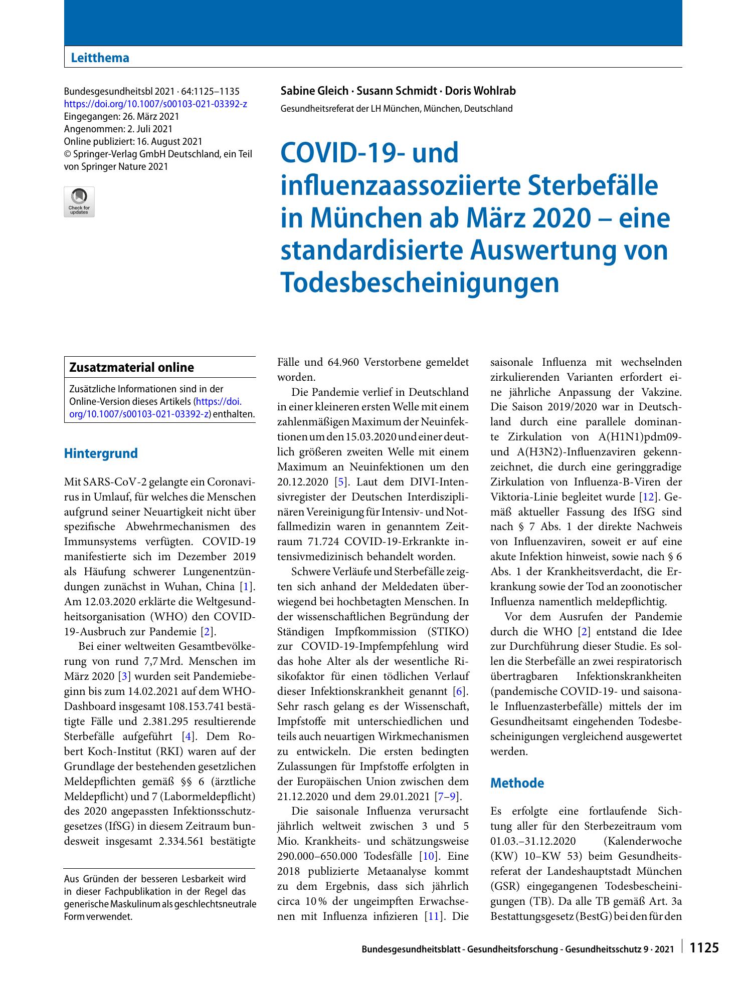 Vorschauseite 1: COVID-19- und influenzaassoziierte Sterbefälle in München ab März 2020 – eine standardisierte Auswertung von Todesbescheinigungen