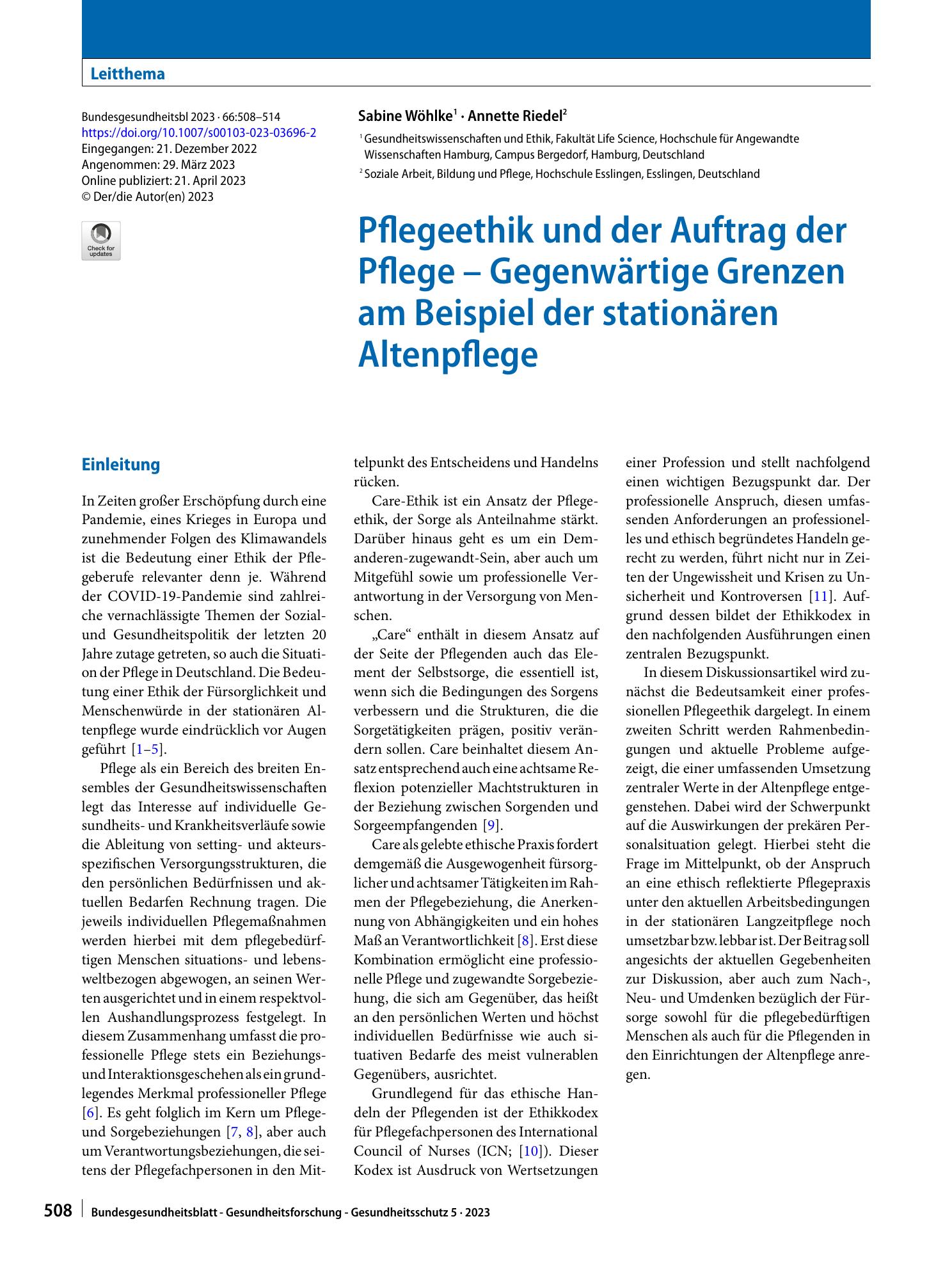 Vorschauseite 1: Pflegeethik und der Auftrag der Pflege – Gegenwärtige Grenzen am Beispiel der stationären Altenpflege