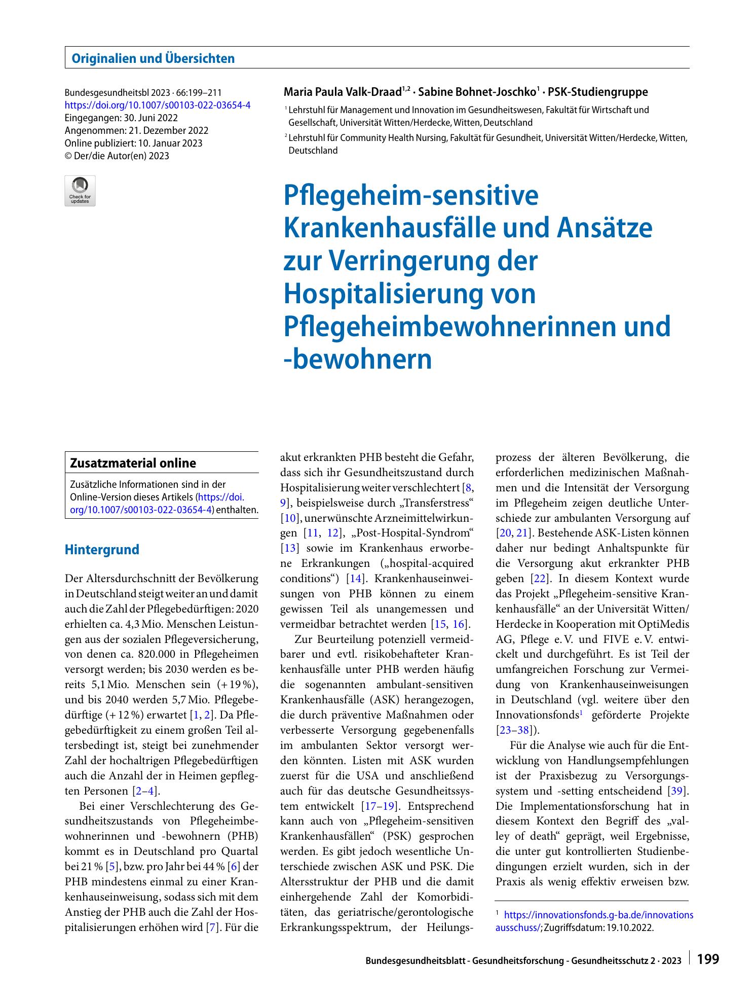 Vorschauseite 1: Pflegeheim-sensitive Krankenhausfälle und Ansätze zur Verringerung der Hospitalisierung von Pflegeheimbewohnerinnen und -bewohnern