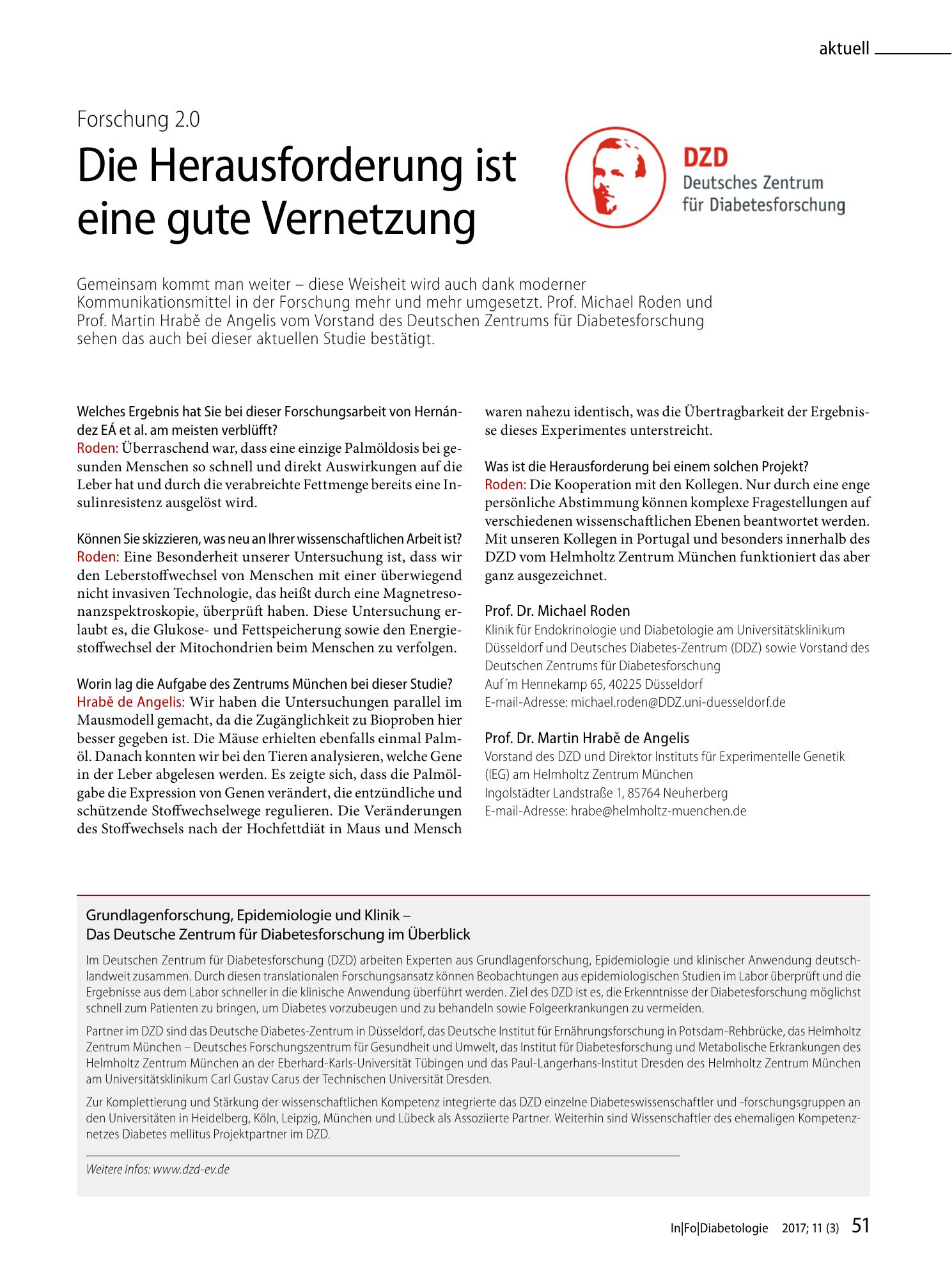 Vorschauseite 1: Grundlagenforschung, Epidemiologie und Klinik – Das Deutsche Zentrum für Diabetesforschung im Überblick