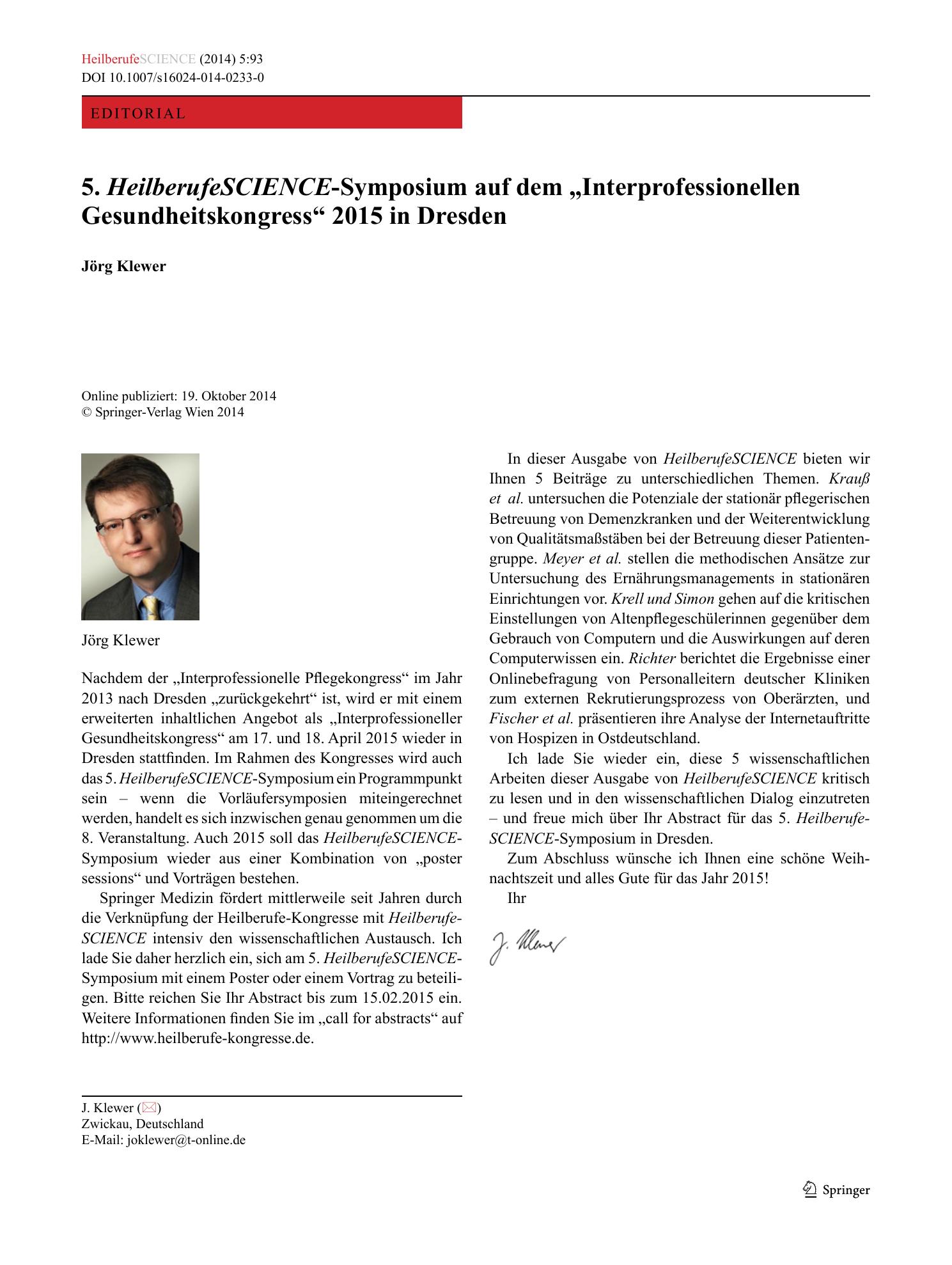 Vorschauseite 1: 5. HeilberufeSCIENCE-Symposium auf dem „Interprofessionellen Gesundheitskongress“ 2015 in Dresden