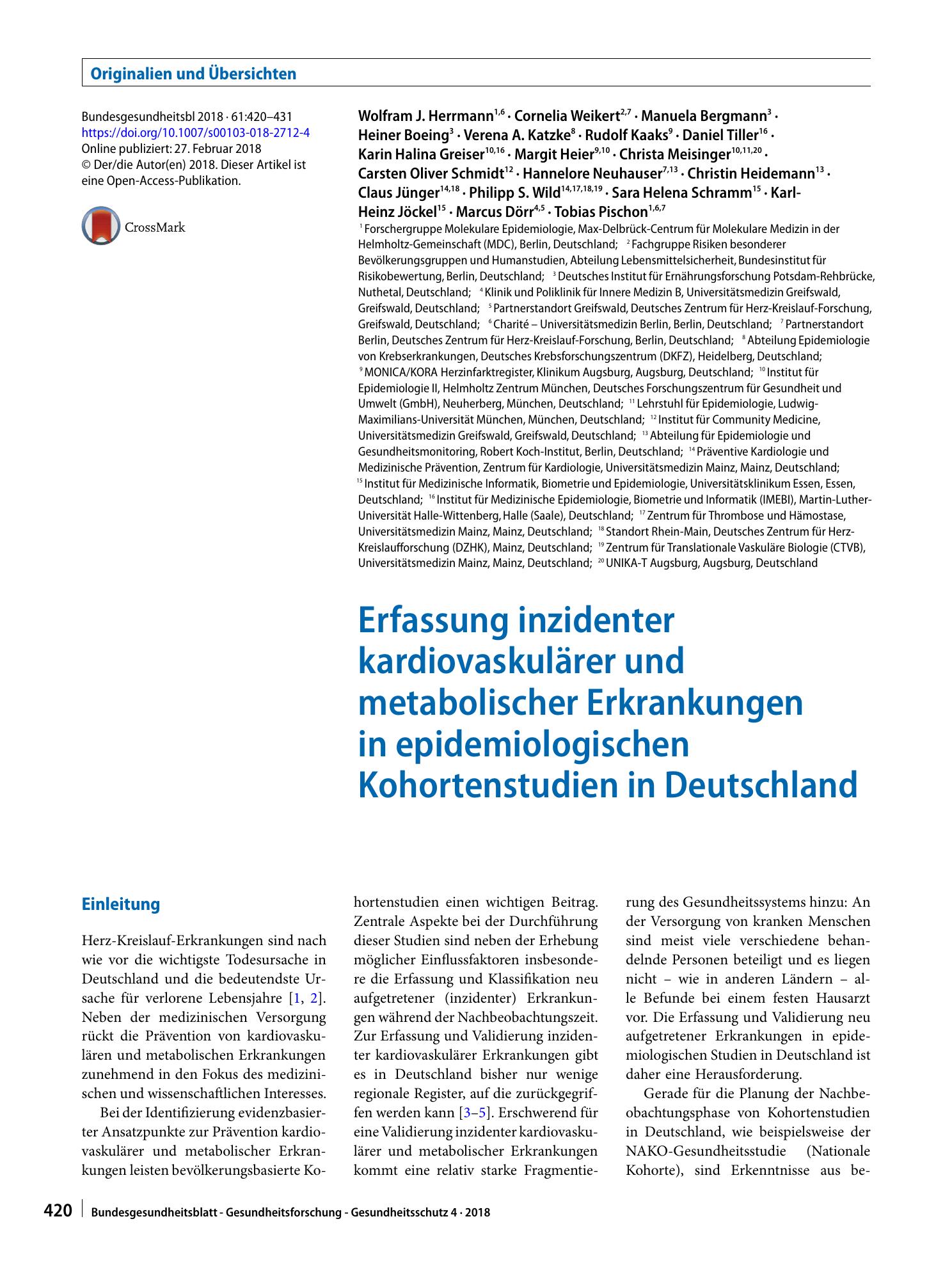 Vorschauseite 1: Erfassung inzidenter kardiovaskulärer und metabolischer Erkrankungen in epidemiologischen Kohortenstudien in Deutschland