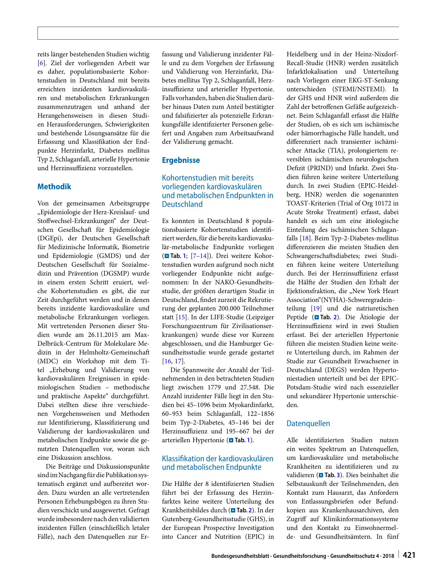 Vorschauseite 2: Erfassung inzidenter kardiovaskulärer und metabolischer Erkrankungen in epidemiologischen Kohortenstudien in Deutschland
