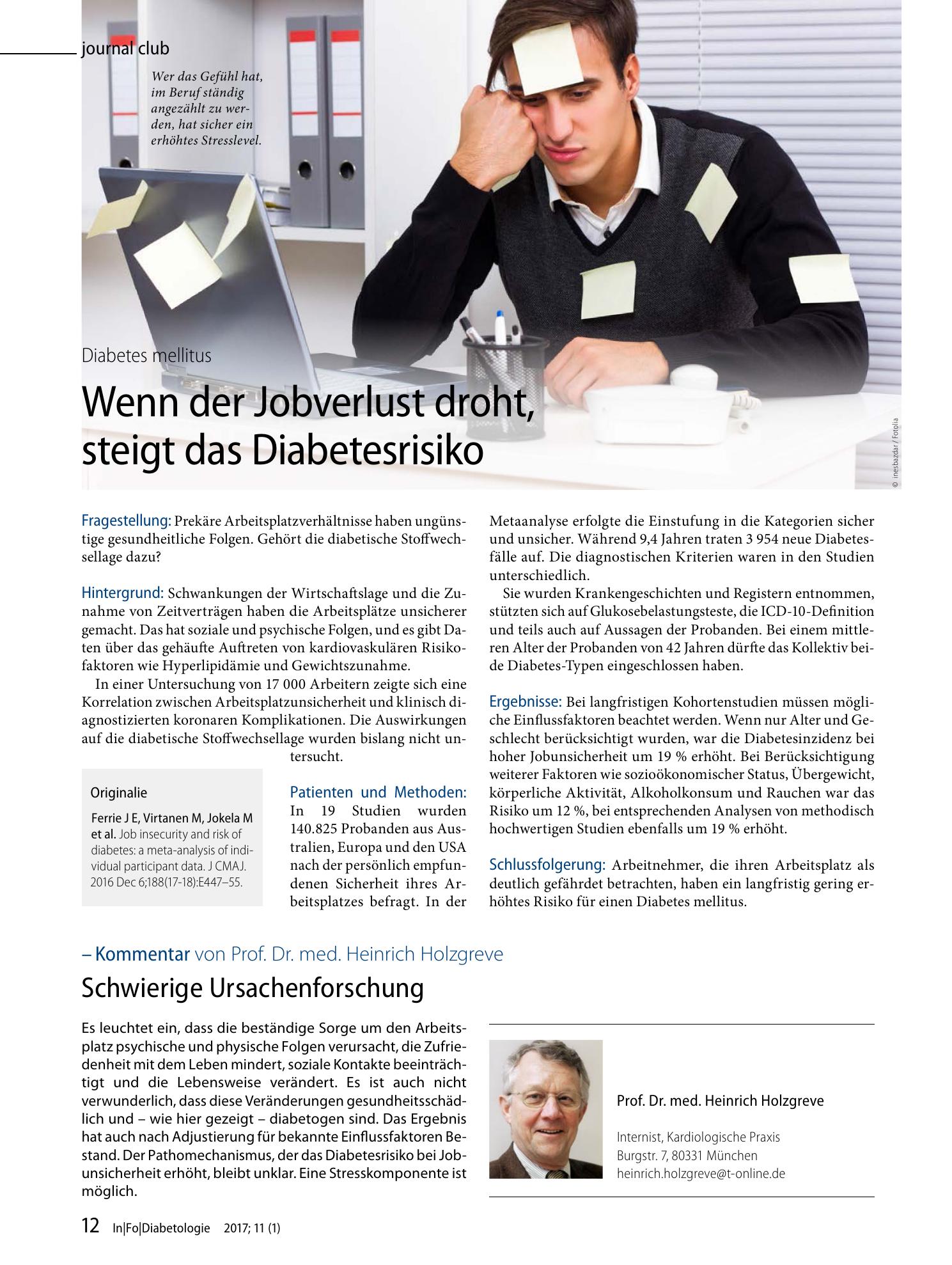 Vorschauseite 1: Wenn der Jobverlust droht, steigt das Diabetesrisiko