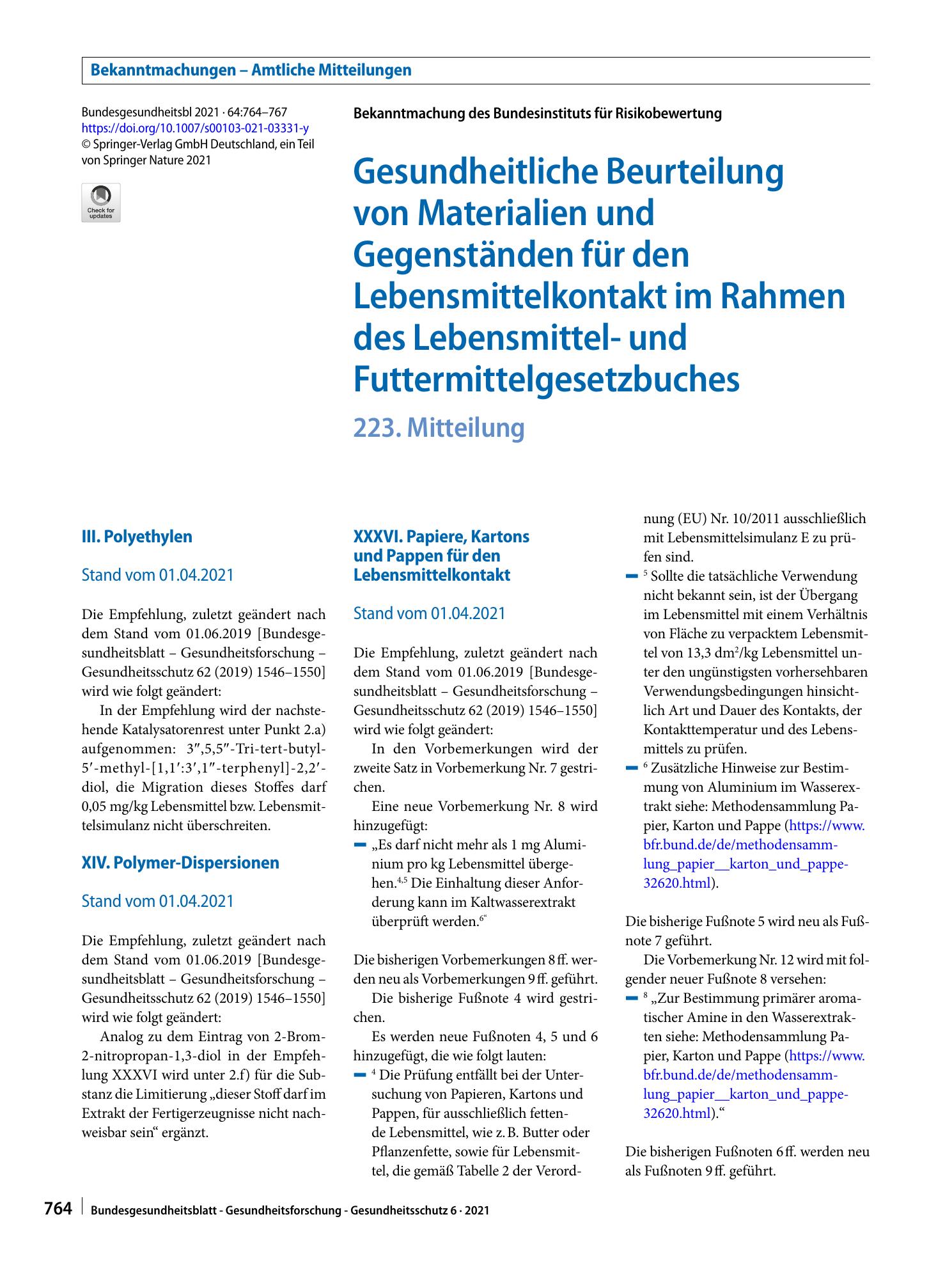 Vorschauseite 1: Gesundheitliche Beurteilung von Materialien und Gegenständen für den Lebensmittelkontakt im Rahmen des Lebensmittel- und Futtermittelgesetzbuches