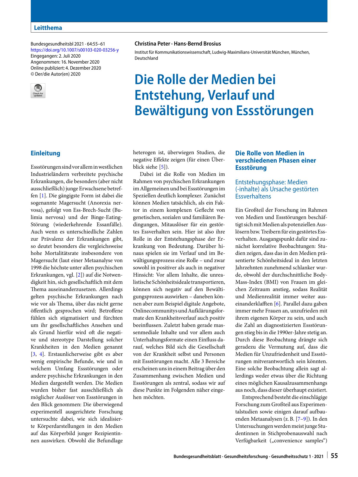 Vorschauseite 1: Die Rolle der Medien bei Entstehung, Verlauf und Bewältigung von Essstörungen