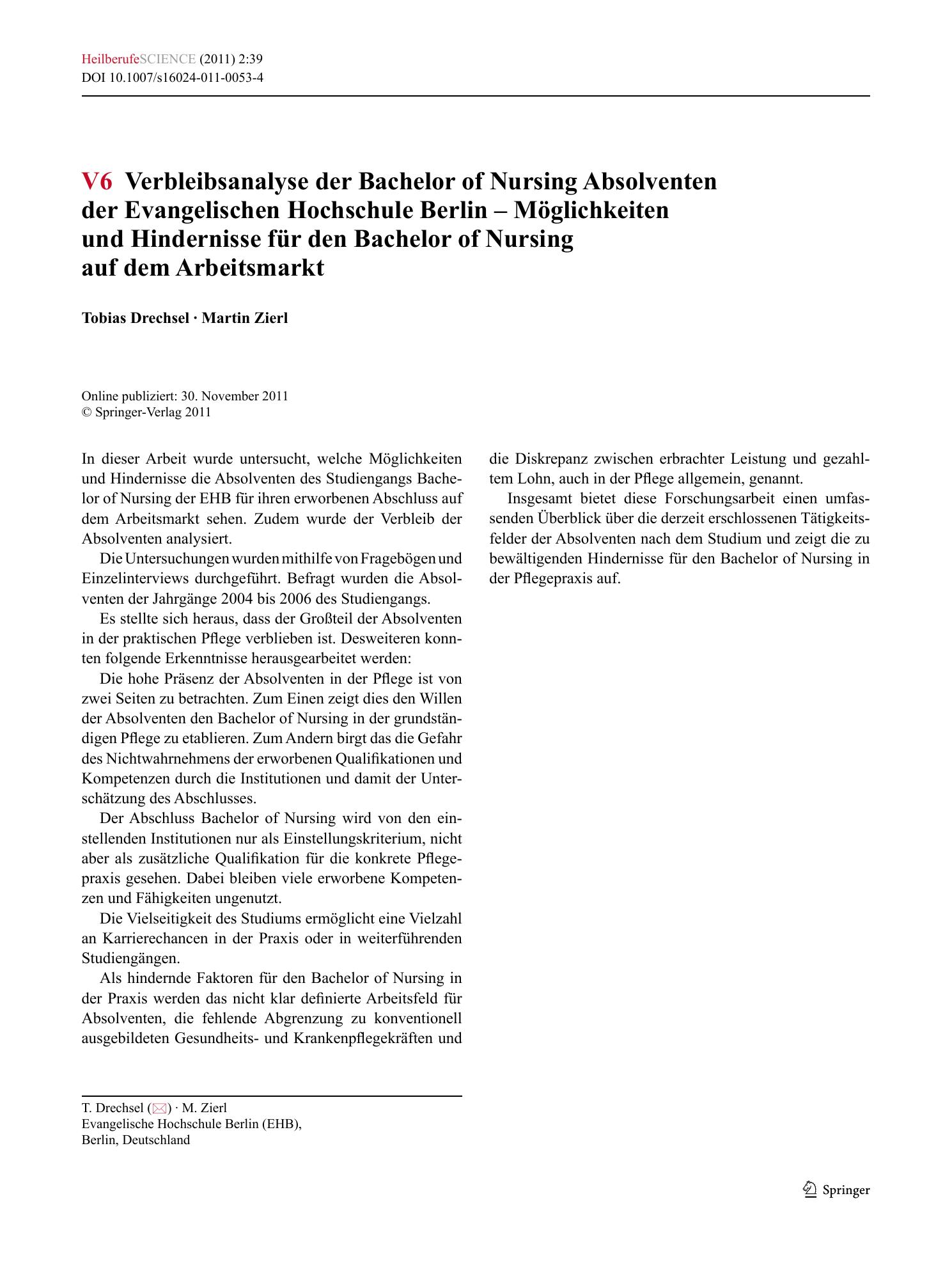 Vorschauseite 1: V6 Verbleibsanalyse der Bachelor of Nursing Absolventen