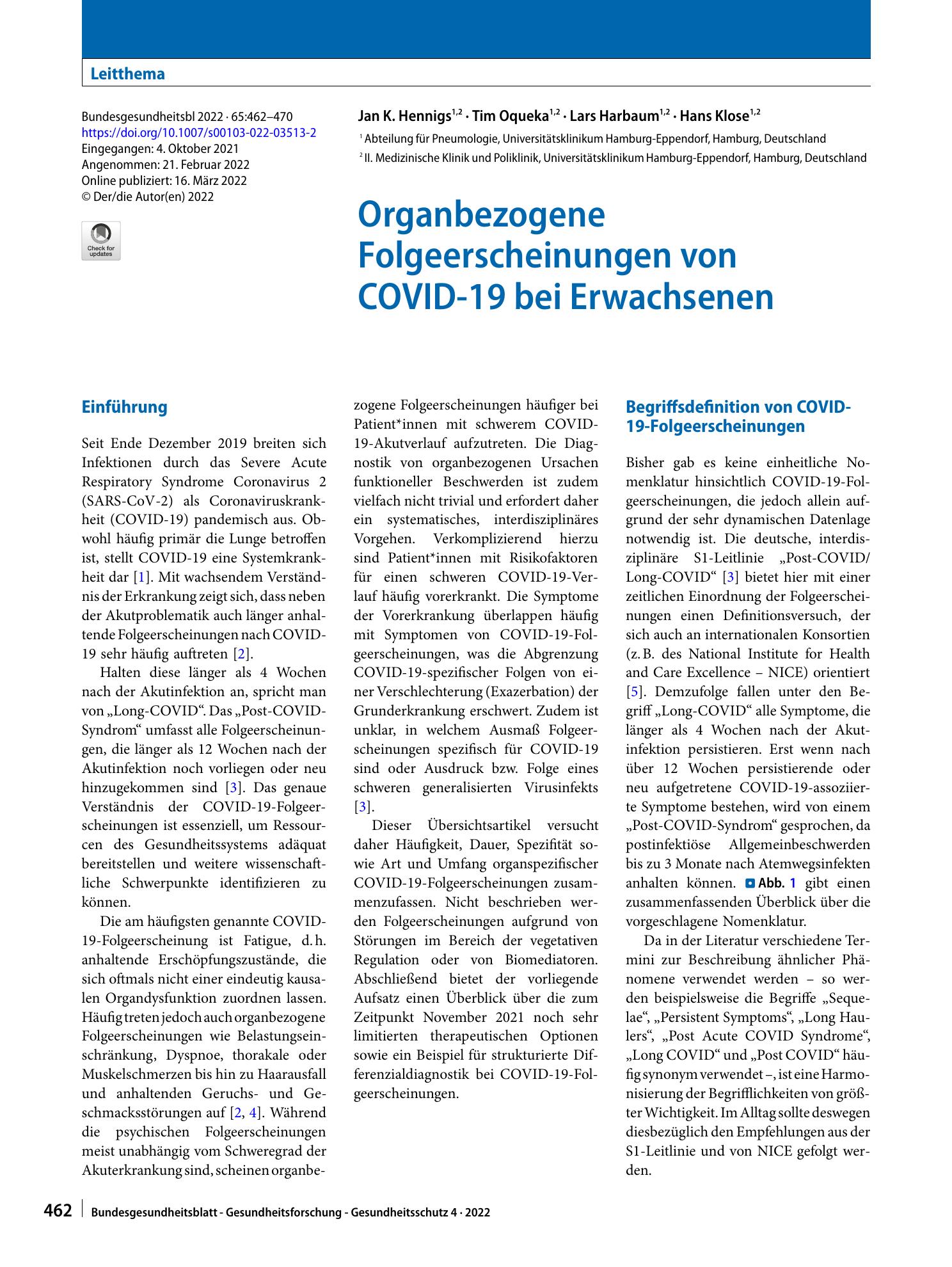 Vorschauseite 1: Organbezogene Folgeerscheinungen von COVID‑19 bei Erwachsenen