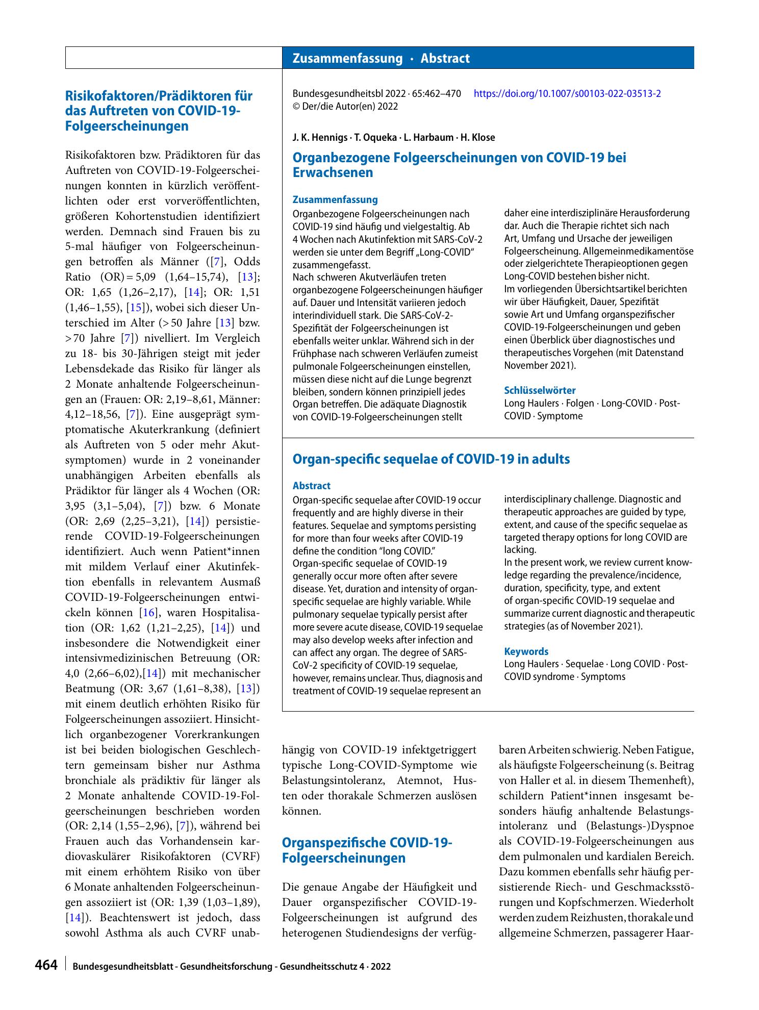 Vorschauseite 3: Organbezogene Folgeerscheinungen von COVID‑19 bei Erwachsenen