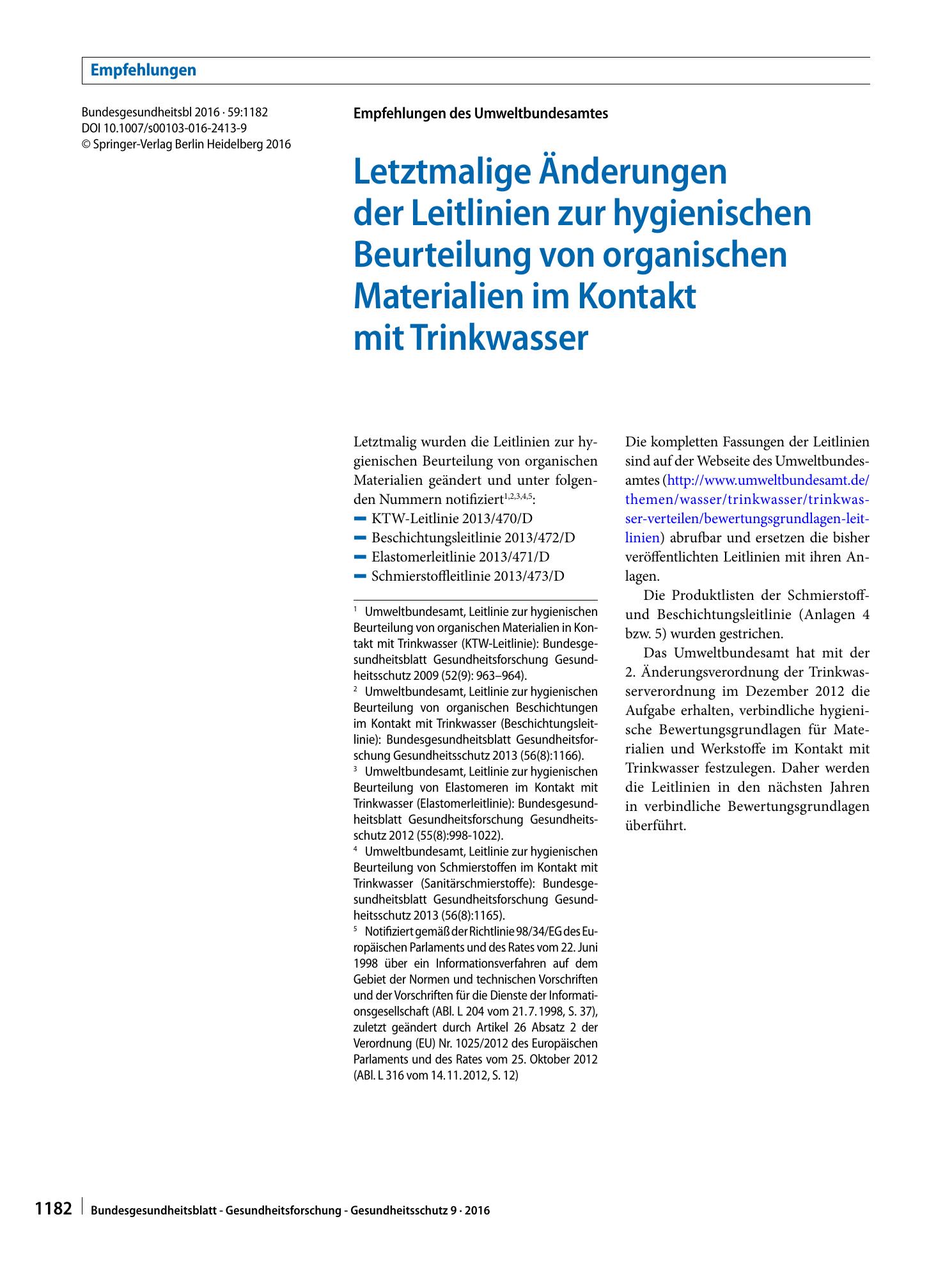 Vorschauseite 1: Letztmalige Änderungen der Leitlinien zur hygienischen Beurteilung von organischen Materialien im Kontakt mit Trinkwasser
