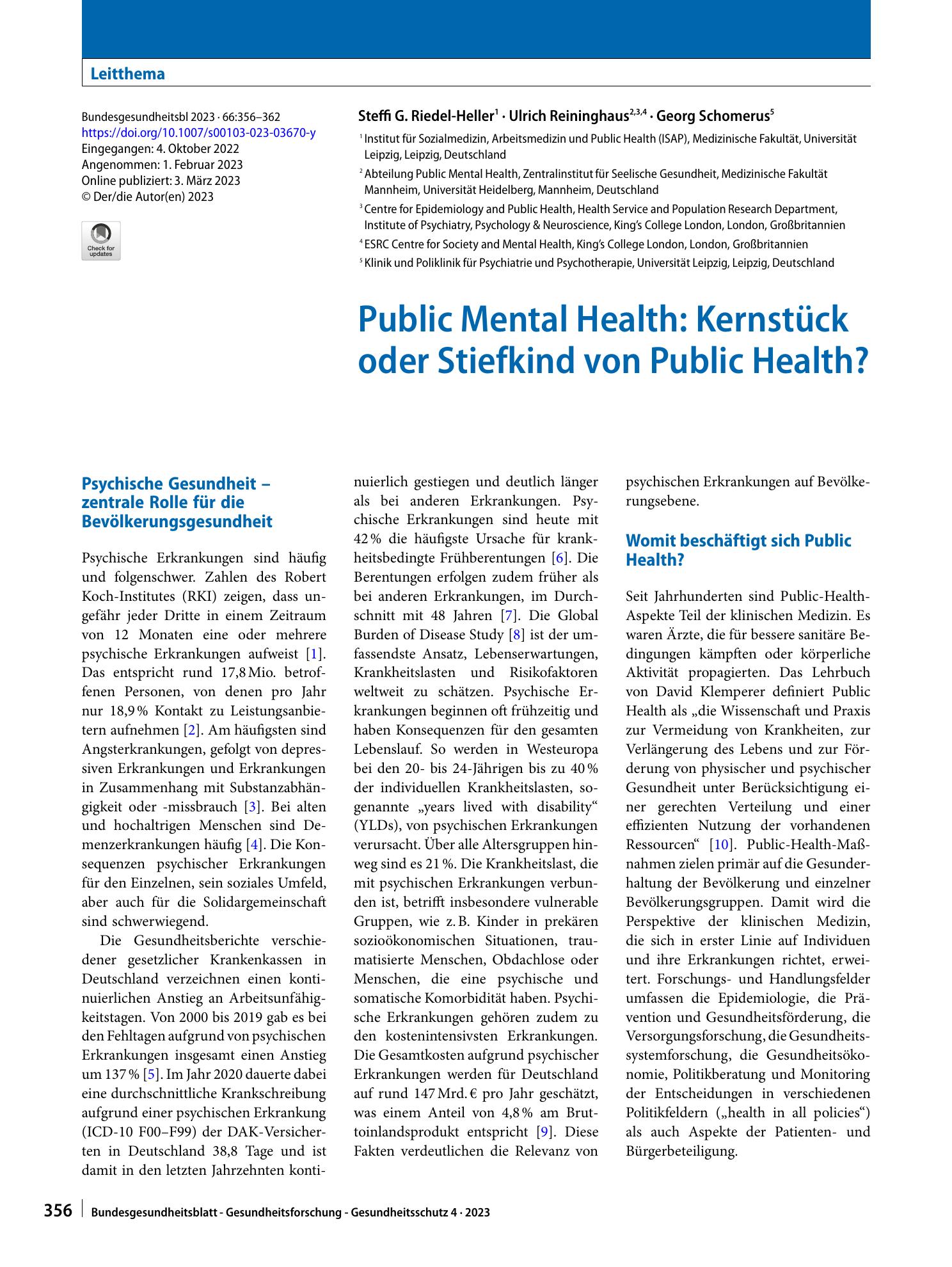 Vorschauseite 1: Public Mental Health: Kernstück oder Stiefkind von Public Health?