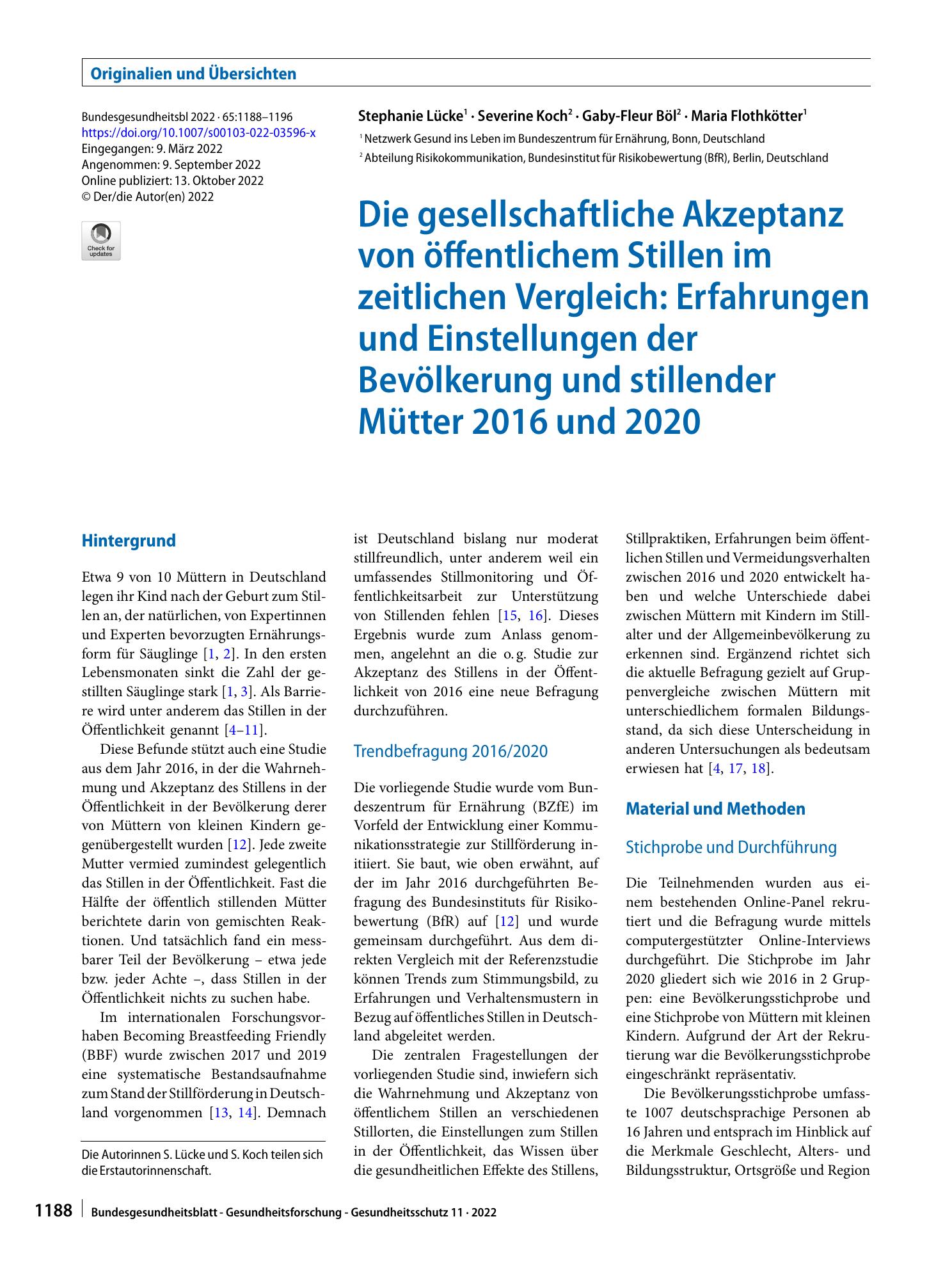 Vorschauseite 1: Die gesellschaftliche Akzeptanz von öffentlichem Stillen im zeitlichen Vergleich: Erfahrungen und Einstellungen der Bevölkerung und stillender Mütter 2016 und 2020
