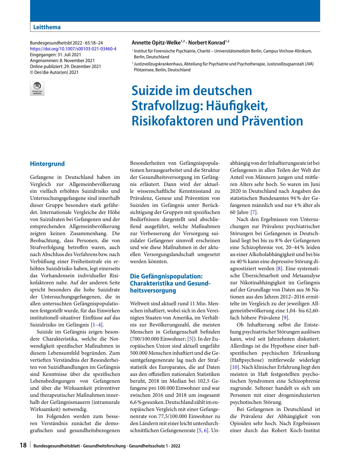 Vorschauseite 1: Suizide im deutschen Strafvollzug: Häufigkeit, Risikofaktoren und Prävention