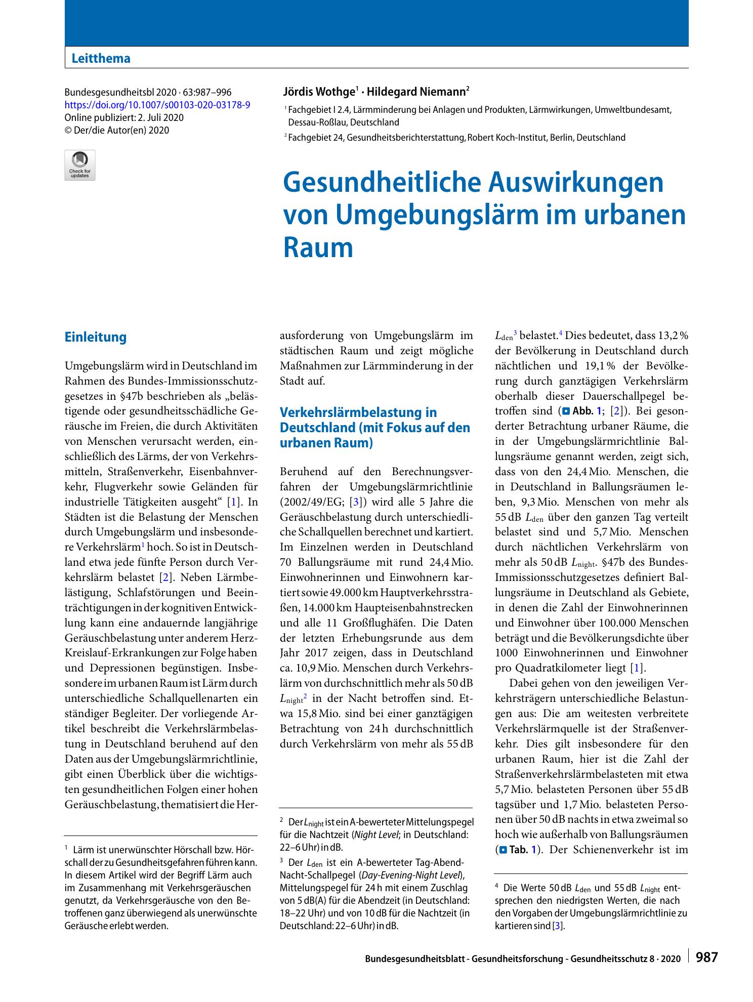 Vorschauseite 1: Gesundheitliche Auswirkungen von Umgebungslärm im urbanen Raum