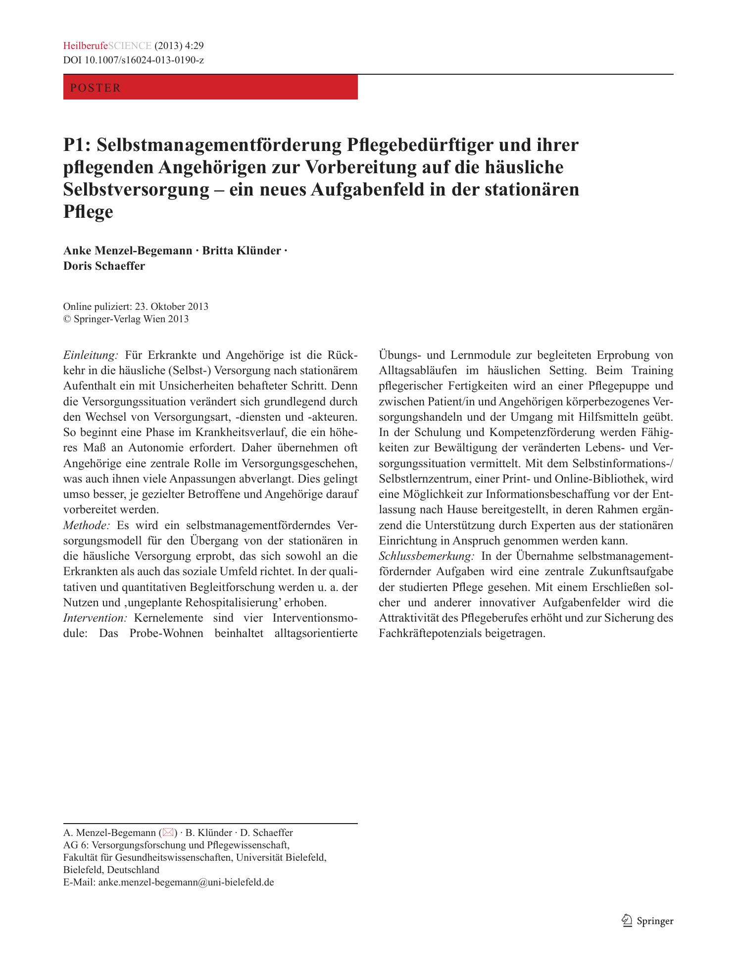 Vorschauseite 1: P1: Selbstmanagementförderung Pflegebedürftiger und ihrer pflegenden Angehörigen zur Vorbereitung auf die häusliche Selbstversorgung – ein neues Aufgabenfeld in der stationären Pf…