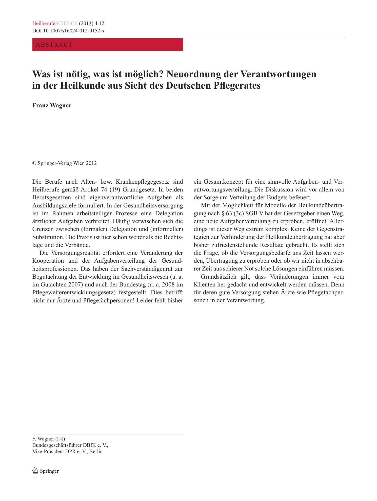 Vorschauseite 1: Was ist nötig, was ist möglich? Neuordnung der Verantwortungen in der Heilkunde aus Sicht des Deutschen Pflegerates