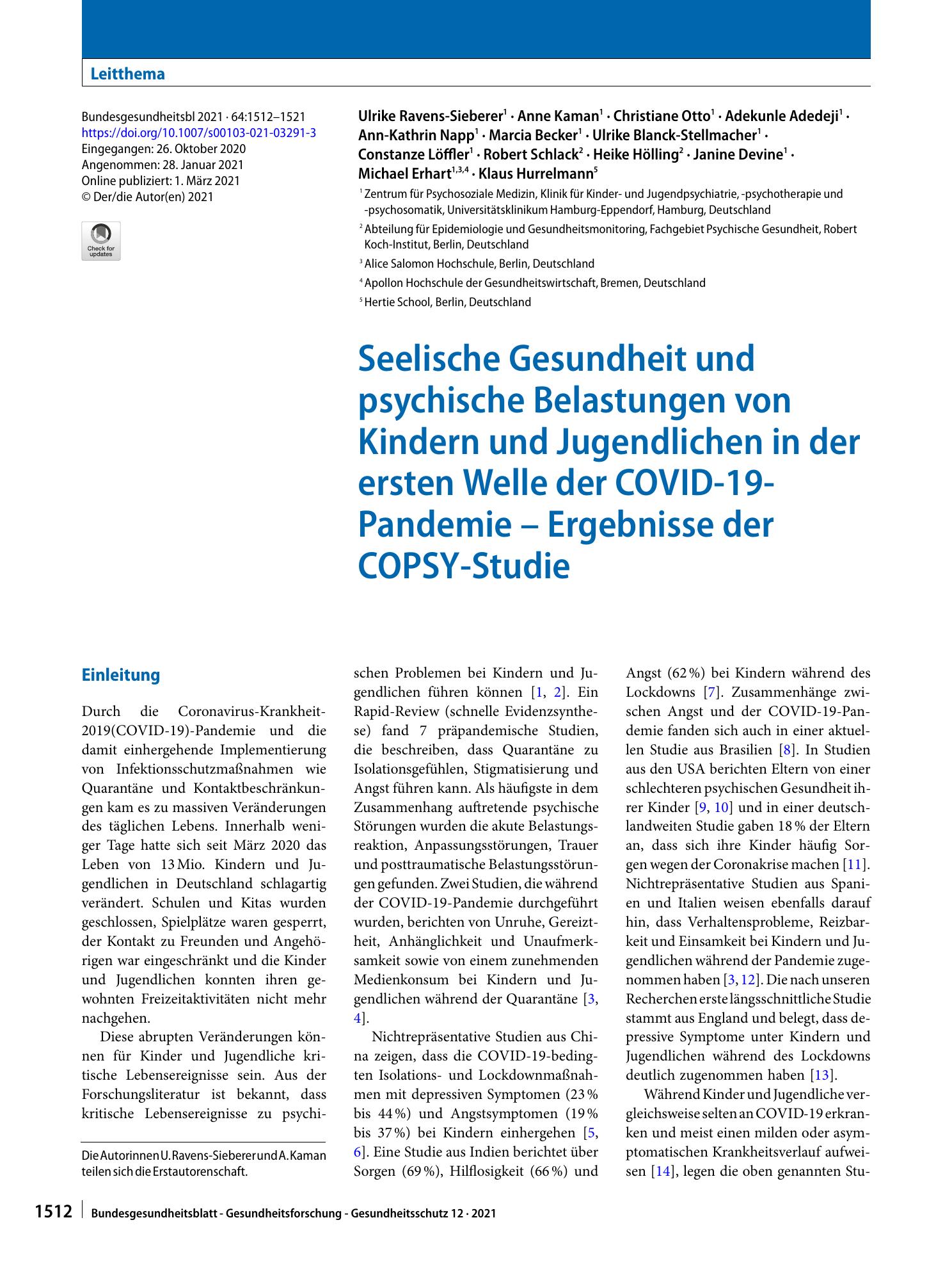 Vorschauseite 1: Seelische Gesundheit und psychische Belastungen von Kindern und Jugendlichen in der ersten Welle der COVID-19-Pandemie – Ergebnisse der COPSY-Studie