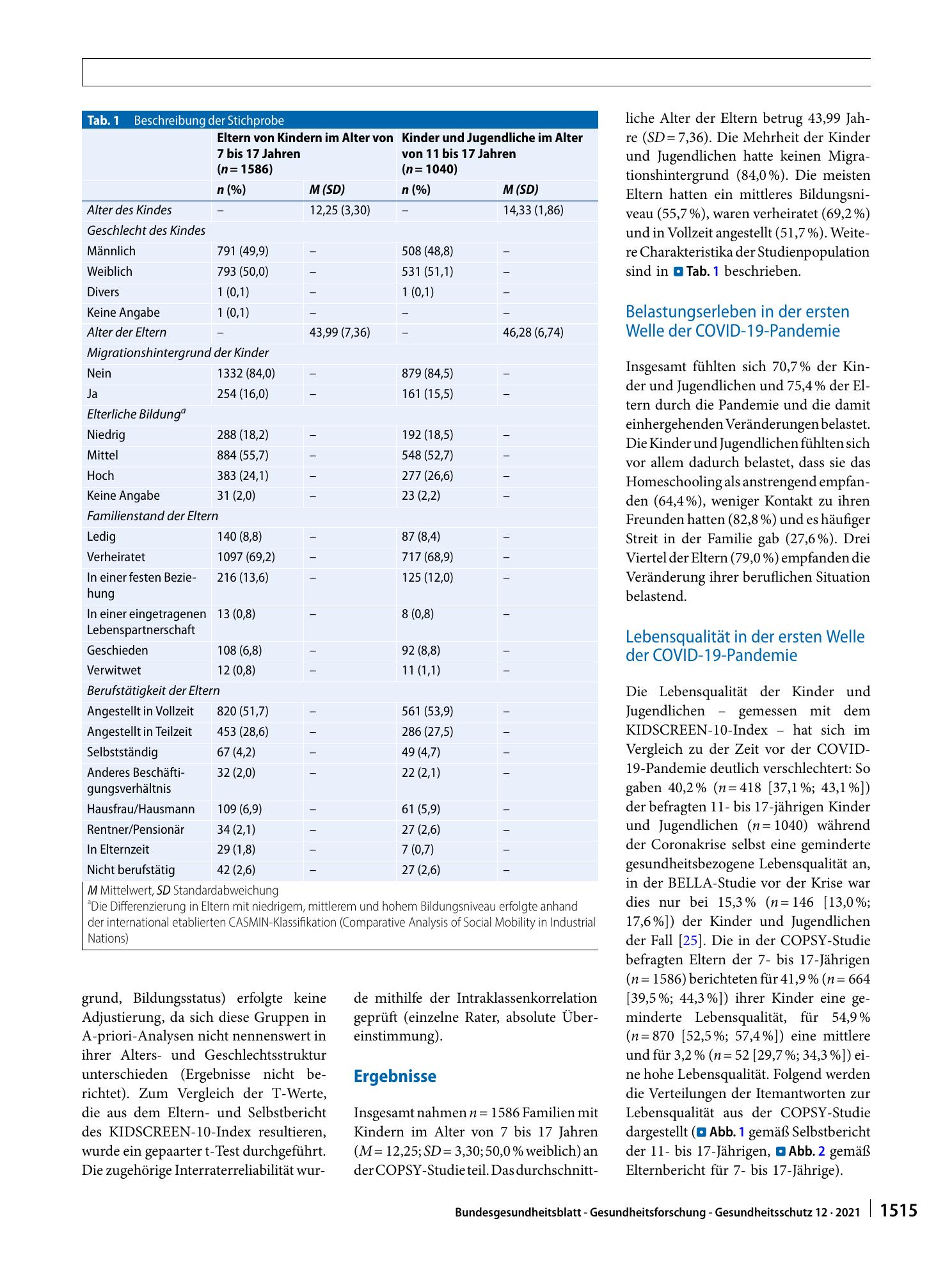 Vorschauseite 4: Seelische Gesundheit und psychische Belastungen von Kindern und Jugendlichen in der ersten Welle der COVID-19-Pandemie – Ergebnisse der COPSY-Studie