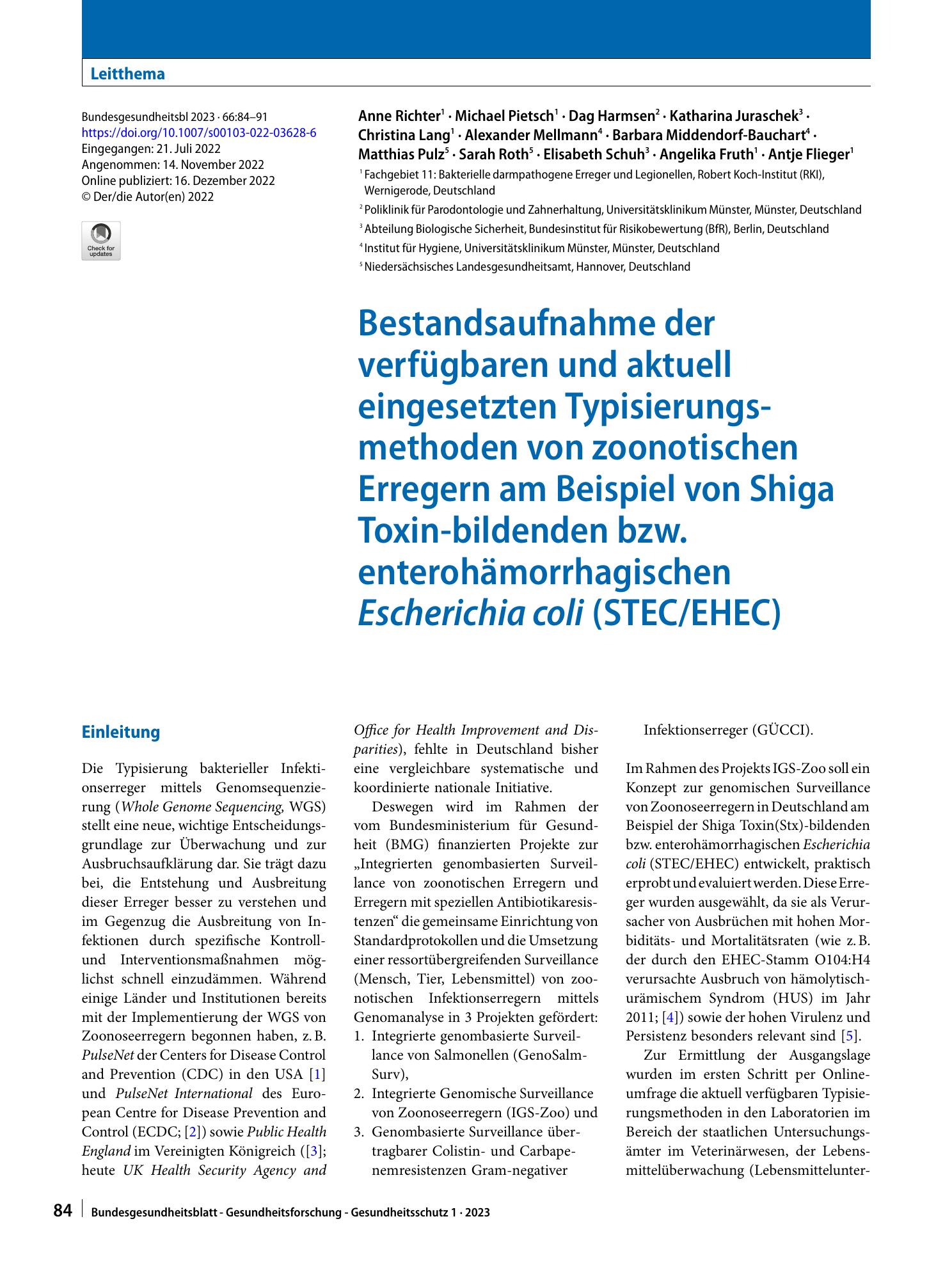 Vorschauseite 1: Bestandsaufnahme der verfügbaren und aktuell eingesetzten Typisierungsmethoden von zoonotischen Erregern am Beispiel von Shiga Toxin-bildenden bzw. enterohämorrhagischen Escherich…