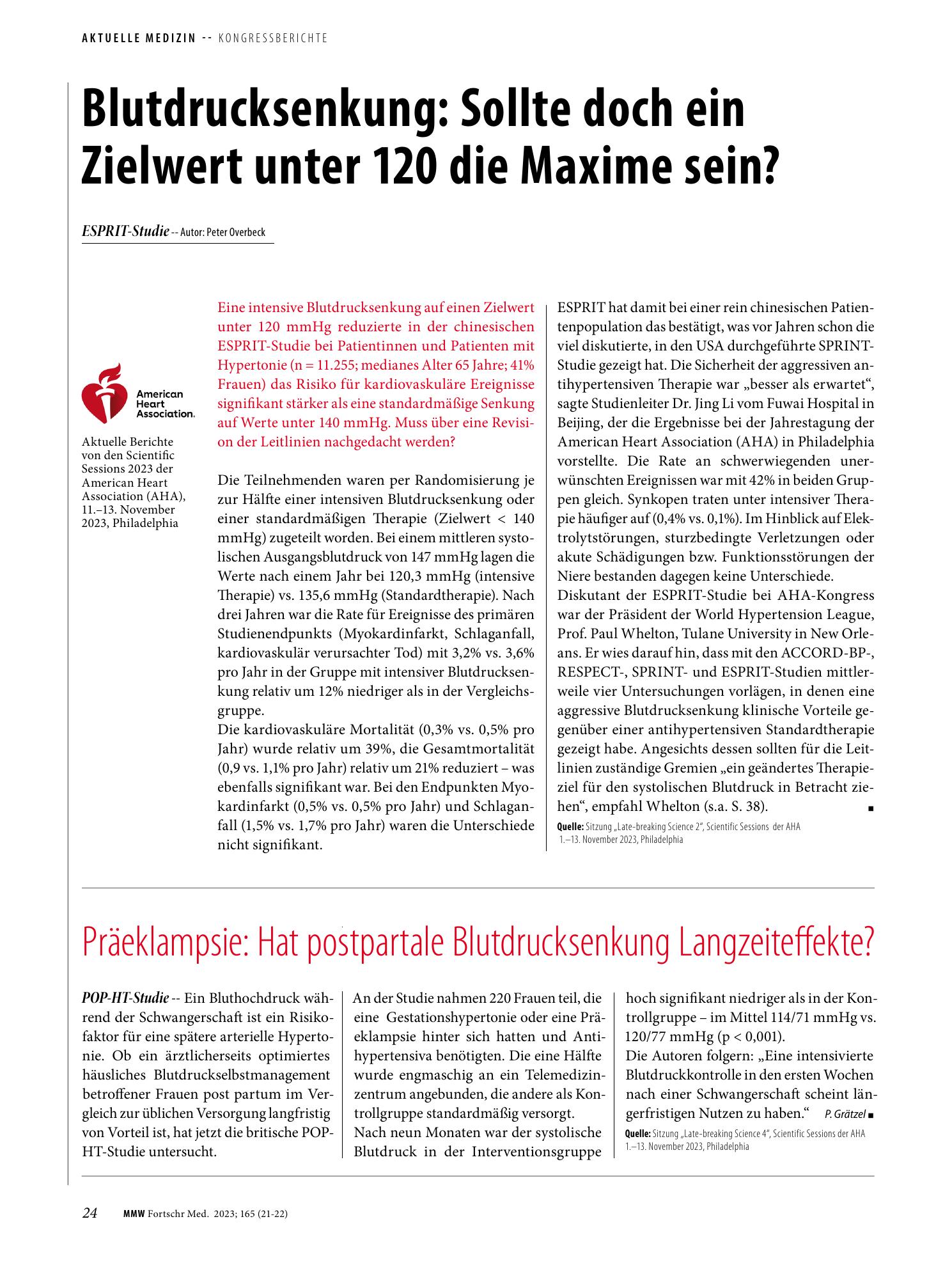 Vorschauseite 1: Blutdrucksenkung: Sollte doch ein Zielwert unter 120 die Maxime sein?