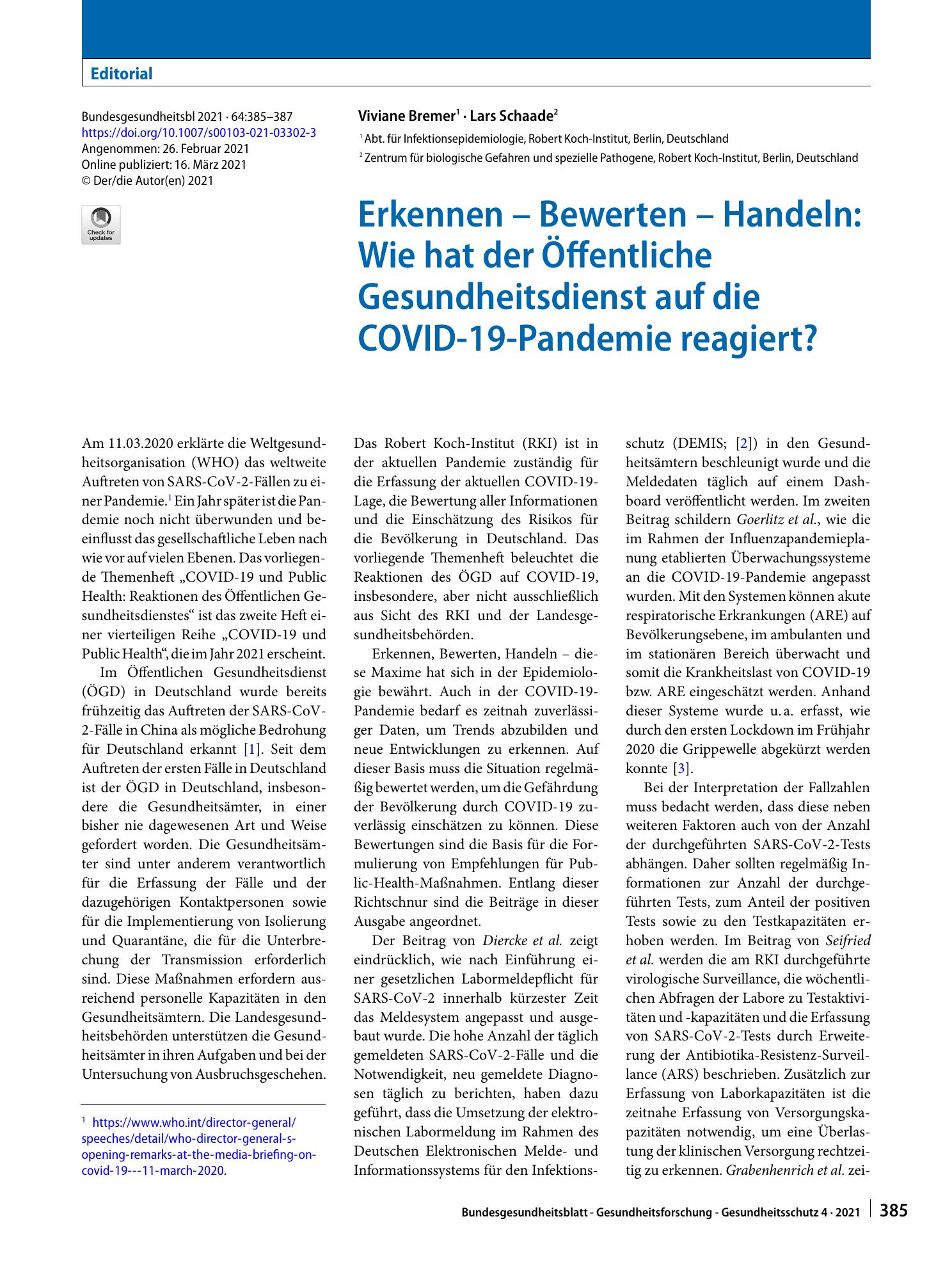 Vorschauseite 1: Erkennen – Bewerten – Handeln: Wie hat der Öffentliche Gesundheitsdienst auf die COVID-19-Pandemie reagiert?