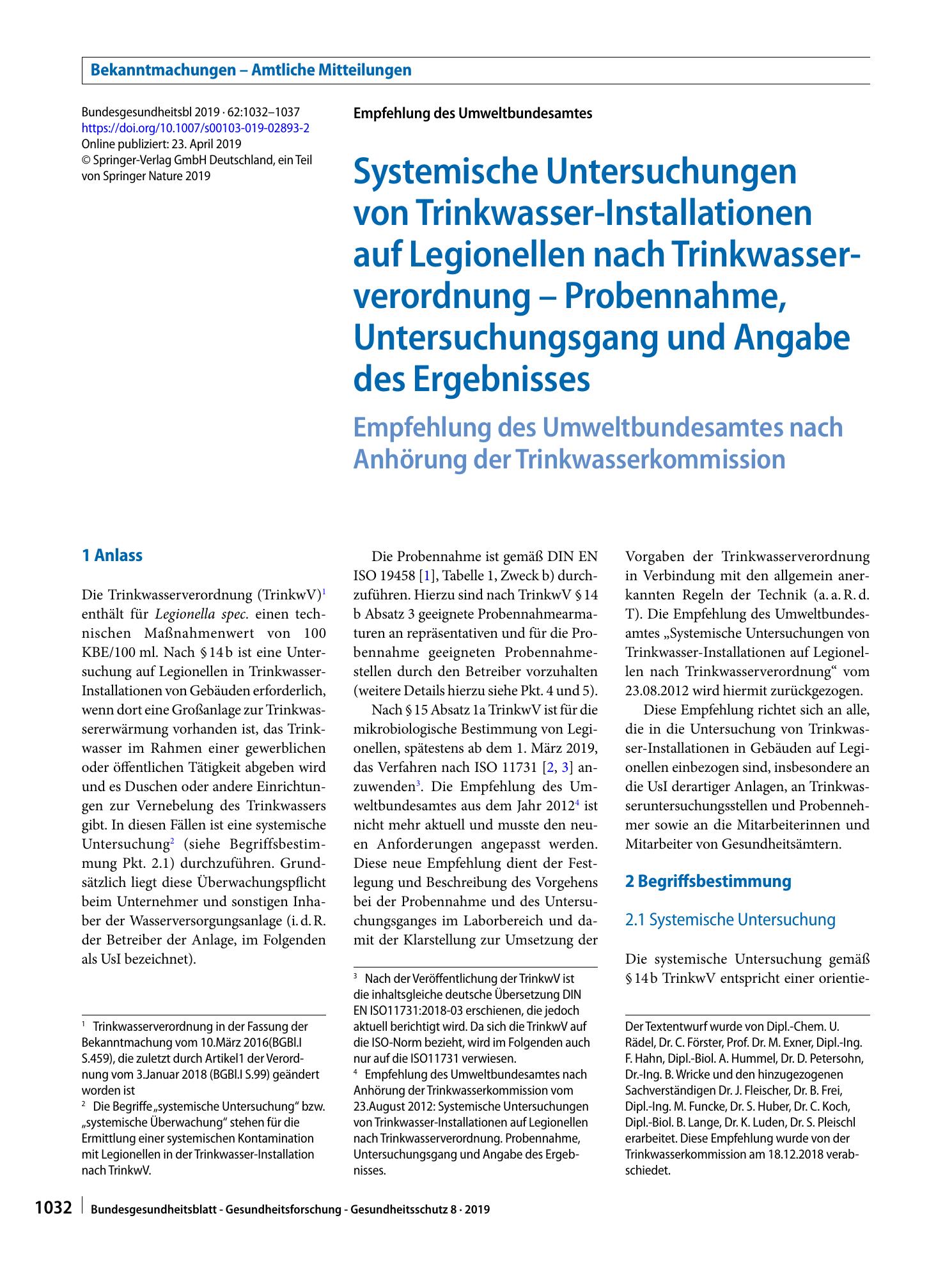 Vorschauseite 1: Systemische Untersuchungen von Trinkwasser-Installationen auf Legionellen nach Trinkwasserverordnung – Probennahme, Untersuchungsgang und Angabe des Ergebnisses