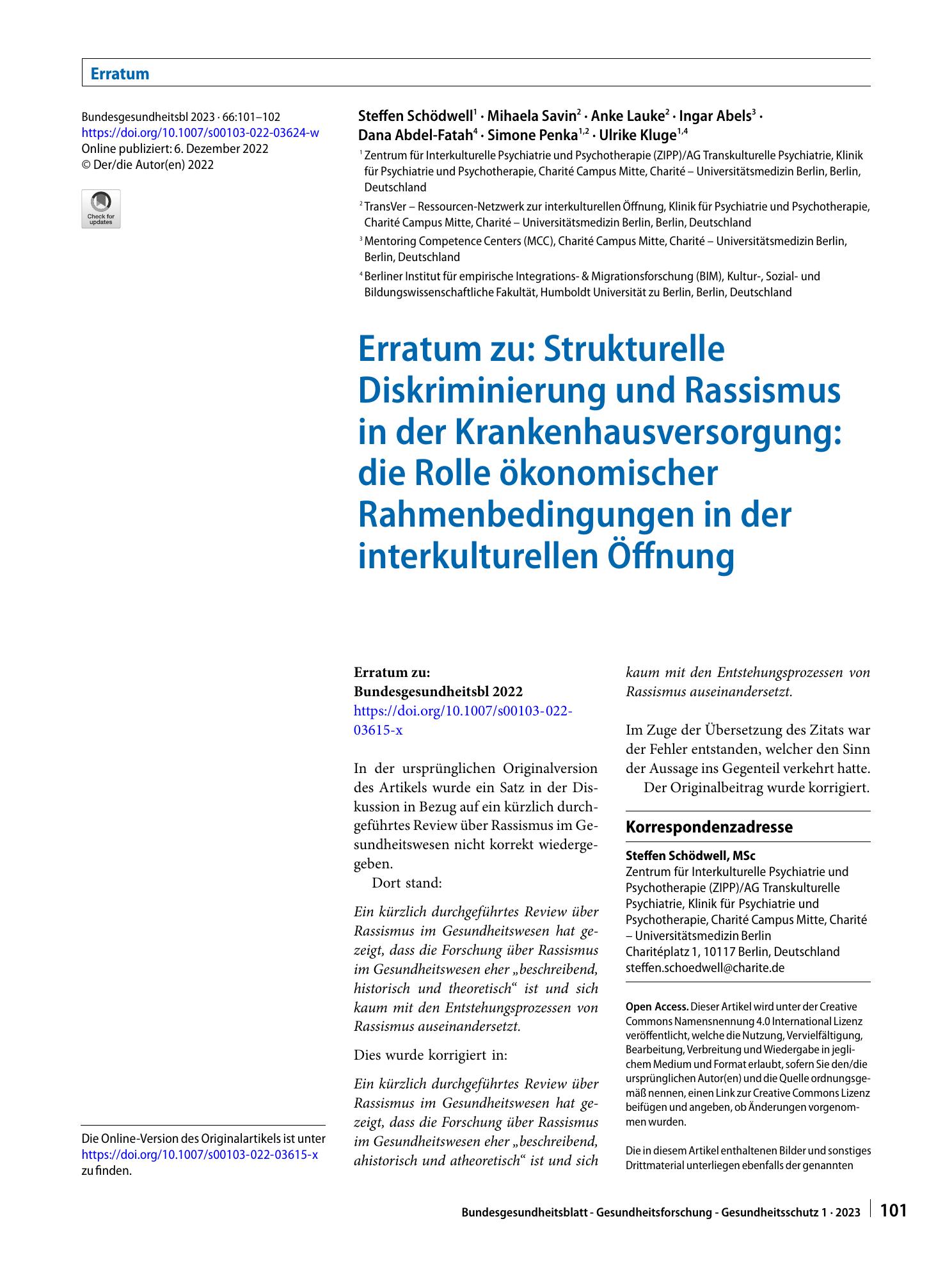 Vorschauseite 1: Erratum zu: Strukturelle Diskriminierung und Rassismus in der Krankenhausversorgung: die Rolle ökonomischer Rahmenbedingungen in der interkulturellen Öffnung