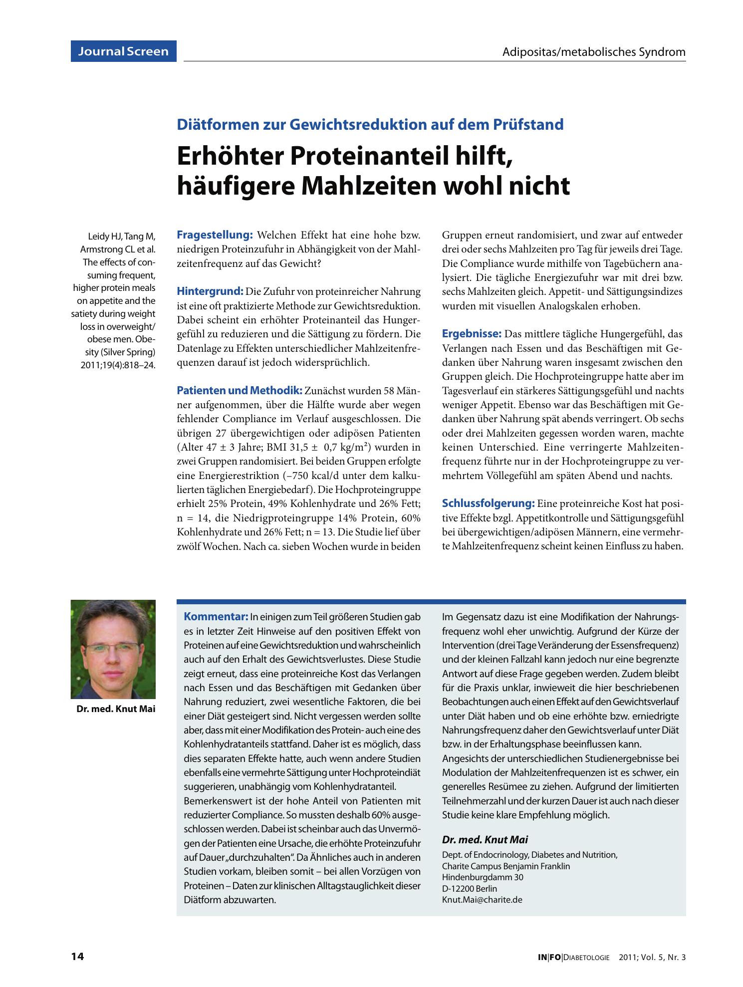 Vorschauseite 1: Erhöhter Proteinanteil hilft, häufigere Mahlzeiten wohl nicht