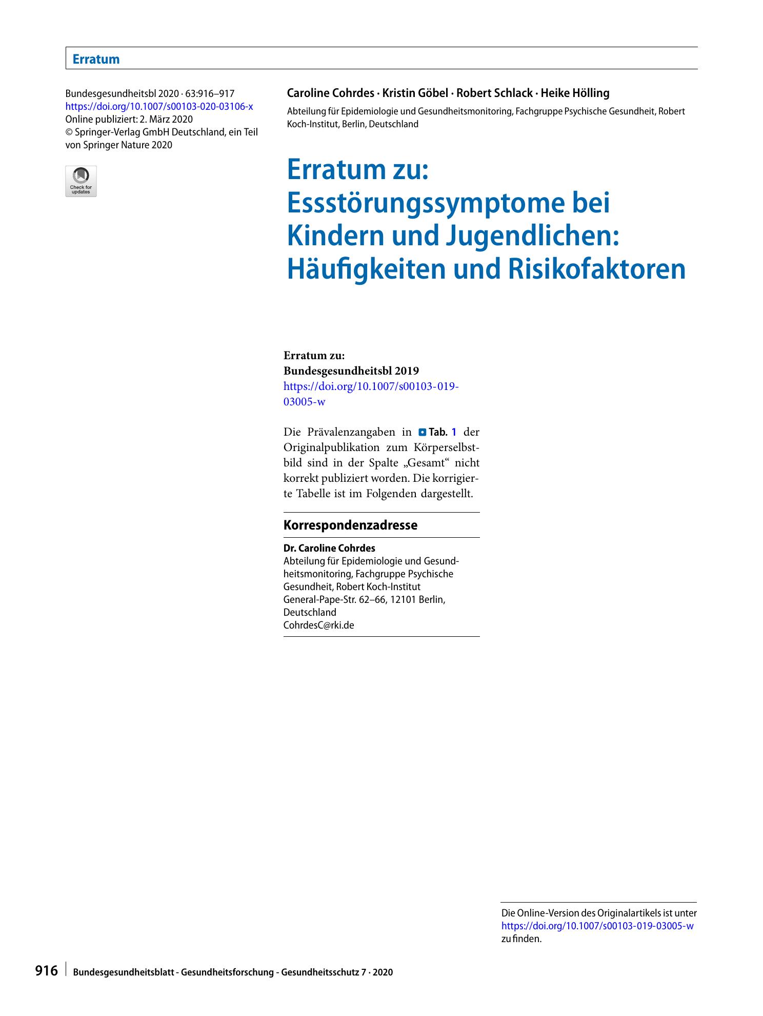 Vorschauseite 1: Erratum zu: Essstörungssymptome bei Kindern und Jugendlichen: Häufigkeiten und Risikofaktoren