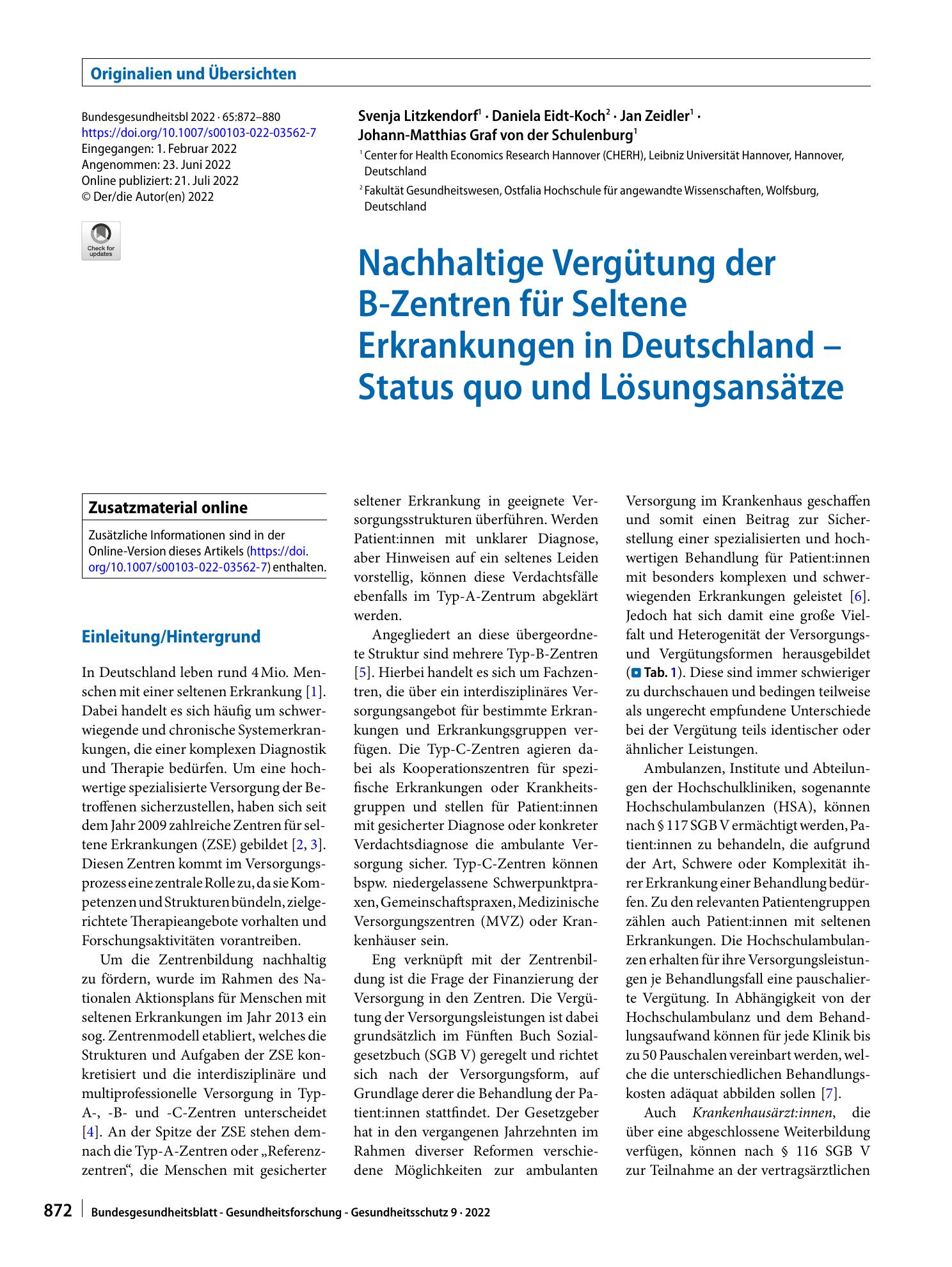 Vorschauseite 1: Nachhaltige Vergütung der B‑Zentren für Seltene Erkrankungen in Deutschland – Status quo und Lösungsansätze