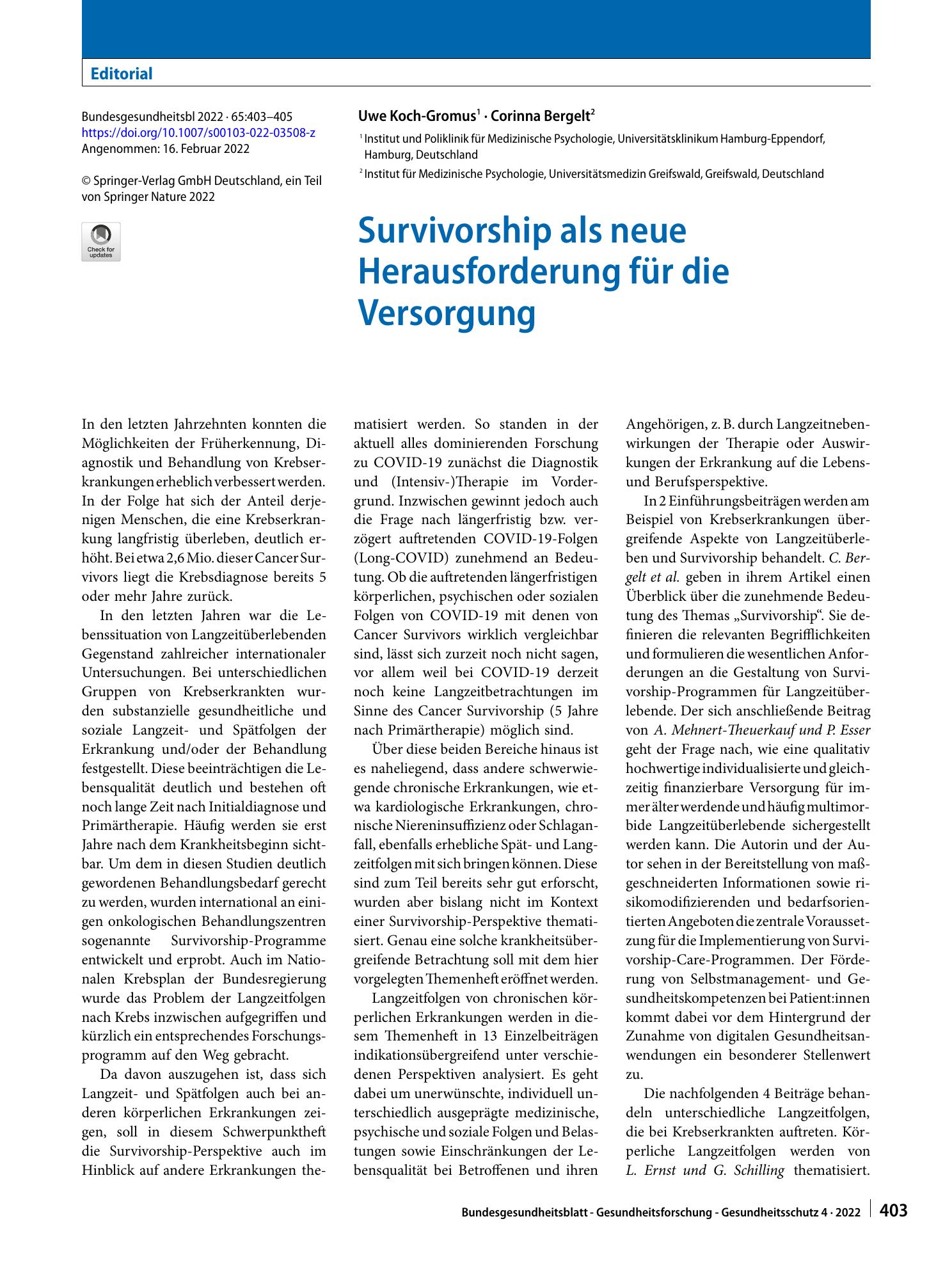 Vorschauseite 1: Survivorship als neue Herausforderung für die Versorgung