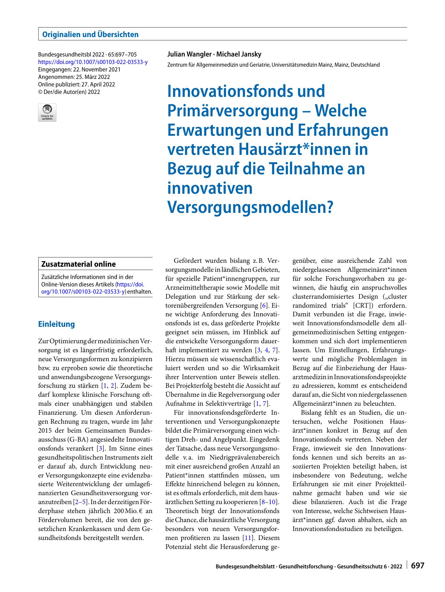 Vorschauseite 1: Innovationsfonds und Primärversorgung – Welche Erwartungen und Erfahrungen vertreten Hausärzt*innen in Bezug auf die Teilnahme an innovativen Versorgungsmodellen?