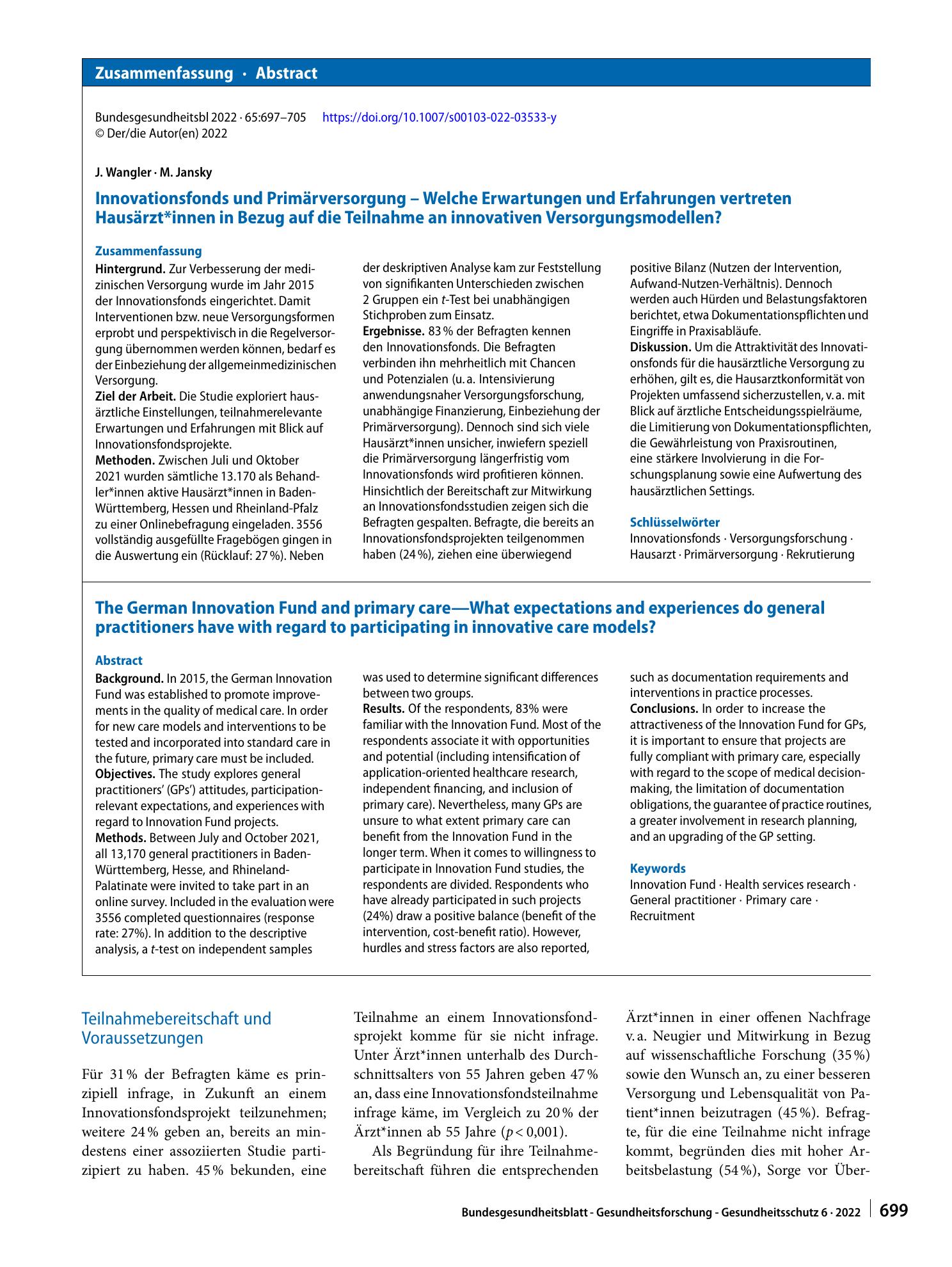 Vorschauseite 3: Innovationsfonds und Primärversorgung – Welche Erwartungen und Erfahrungen vertreten Hausärzt*innen in Bezug auf die Teilnahme an innovativen Versorgungsmodellen?