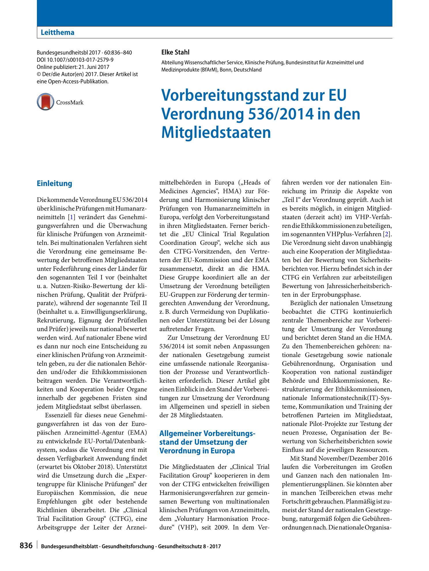 Vorschauseite 1: Vorbereitungsstand zur EU Verordnung 536/2014 in den Mitgliedstaaten