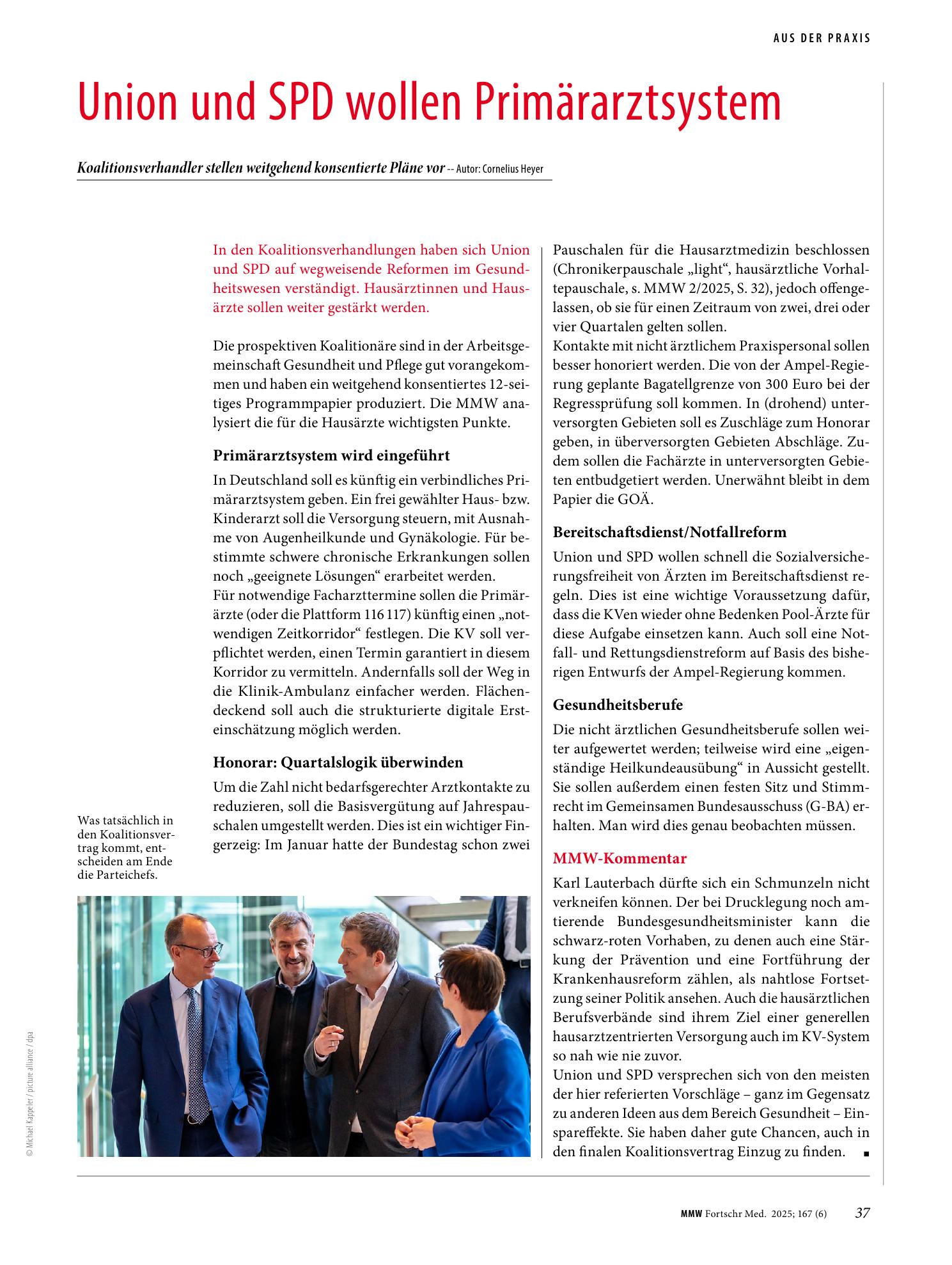 Vorschauseite 1: Union und SPD wollen Primärarztsystem