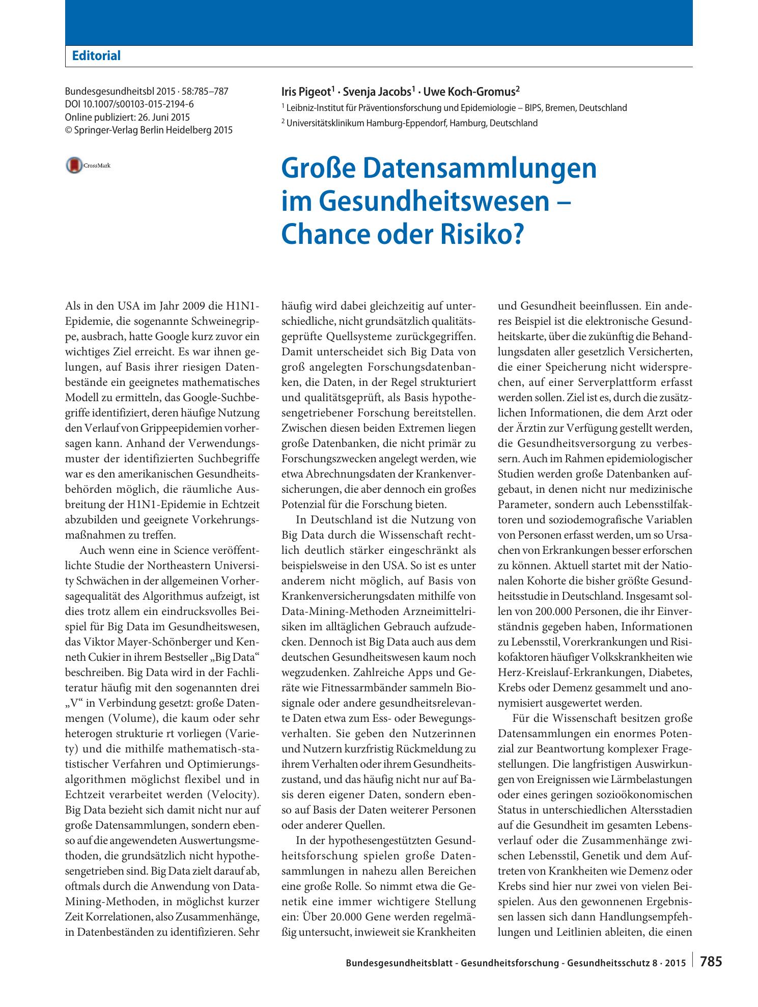 Vorschauseite 1: Große Datensammlungen im Gesundheitswesen – Chance oder Risiko?