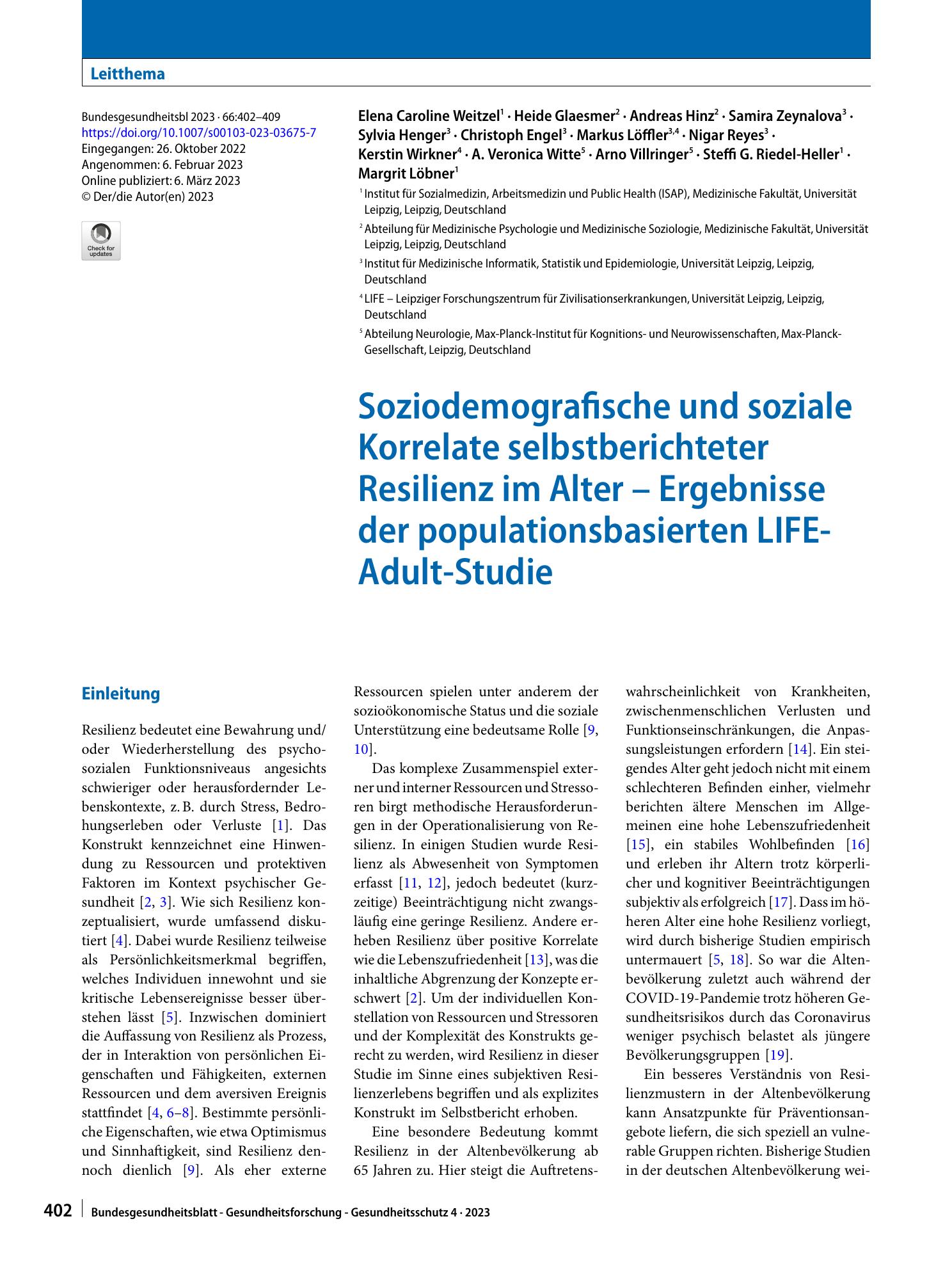 Vorschauseite 1: Soziodemografische und soziale Korrelate selbstberichteter Resilienz im Alter – Ergebnisse der populationsbasierten LIFE-Adult-Studie