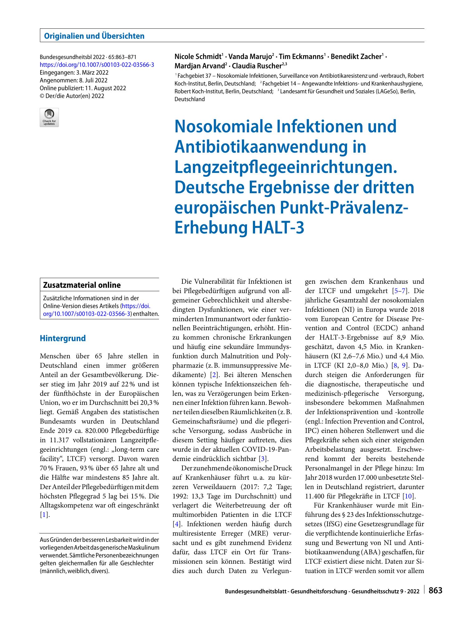 Vorschauseite 1: Nosokomiale Infektionen und Antibiotikaanwendung in Langzeitpflegeeinrichtungen. Deutsche Ergebnisse der dritten europäischen Punkt-Prävalenz-Erhebung HALT-3