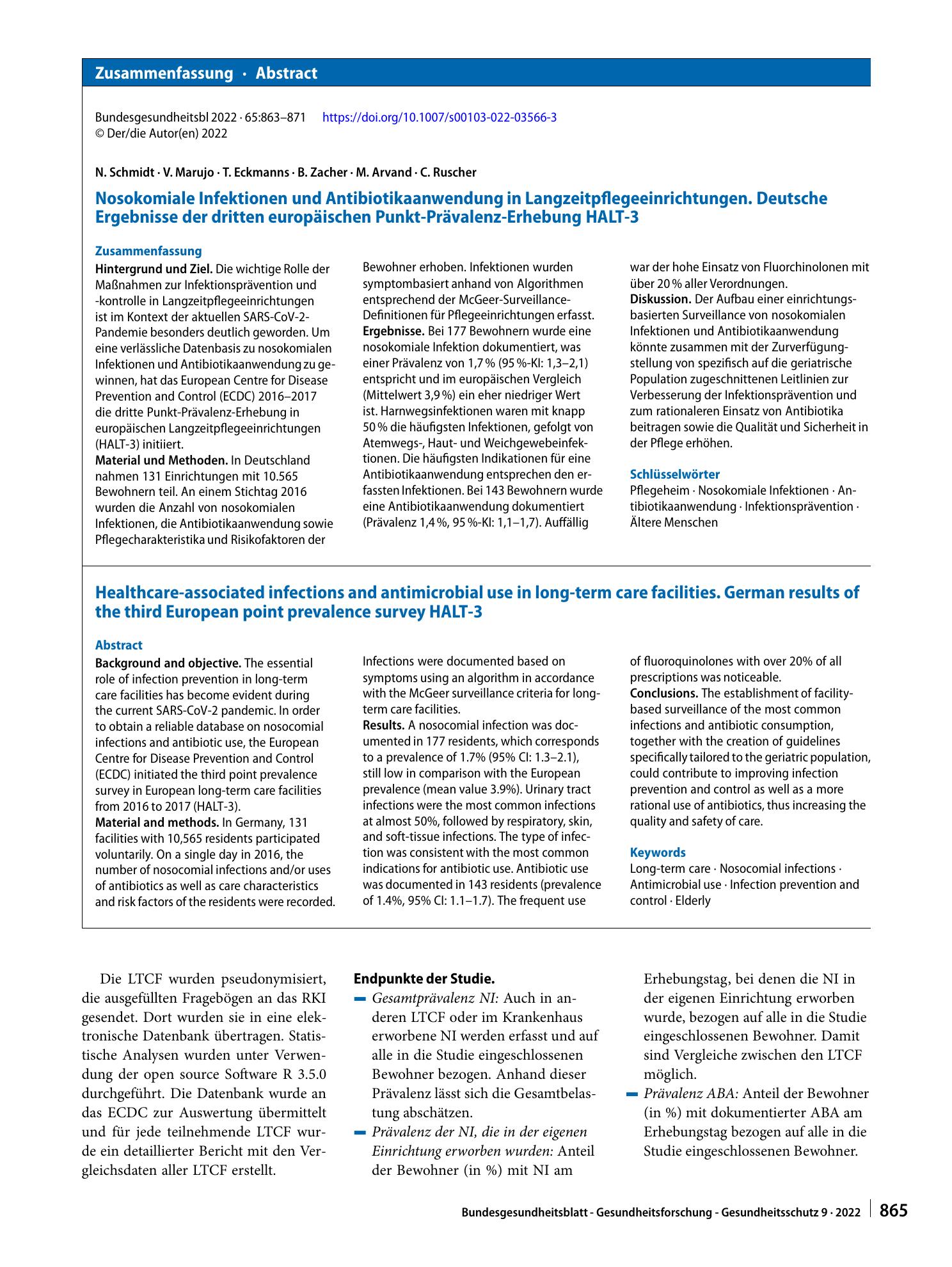 Vorschauseite 3: Nosokomiale Infektionen und Antibiotikaanwendung in Langzeitpflegeeinrichtungen. Deutsche Ergebnisse der dritten europäischen Punkt-Prävalenz-Erhebung HALT-3