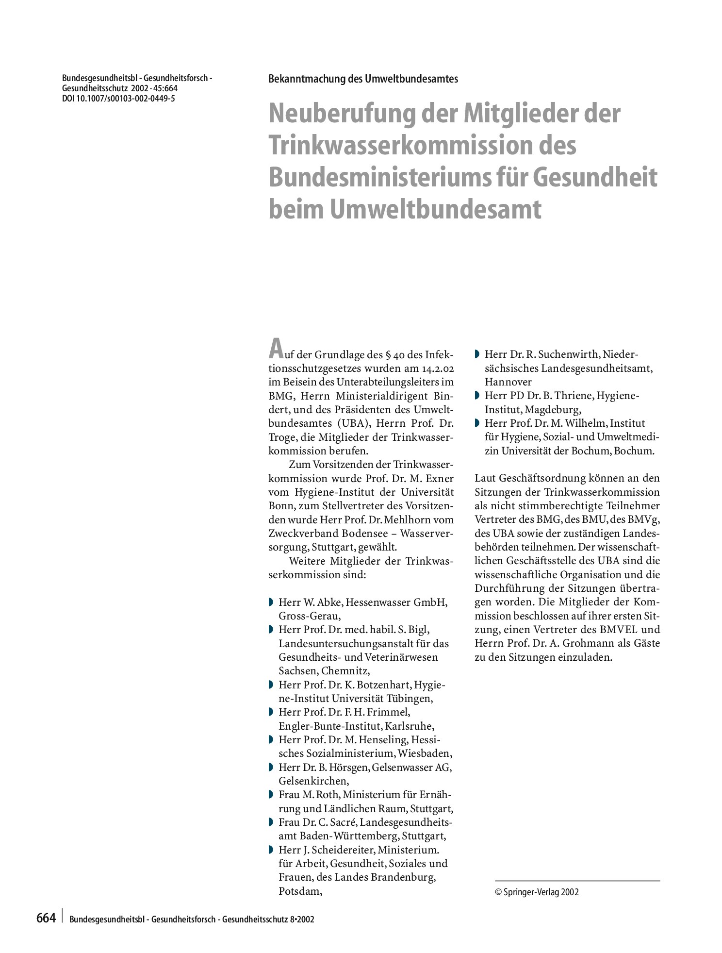 Vorschauseite 1: Neuberufung der Mitglieder der Trinkwasserkommission des Bundesministeriums für Gesundheit beim Umweltbundesamt