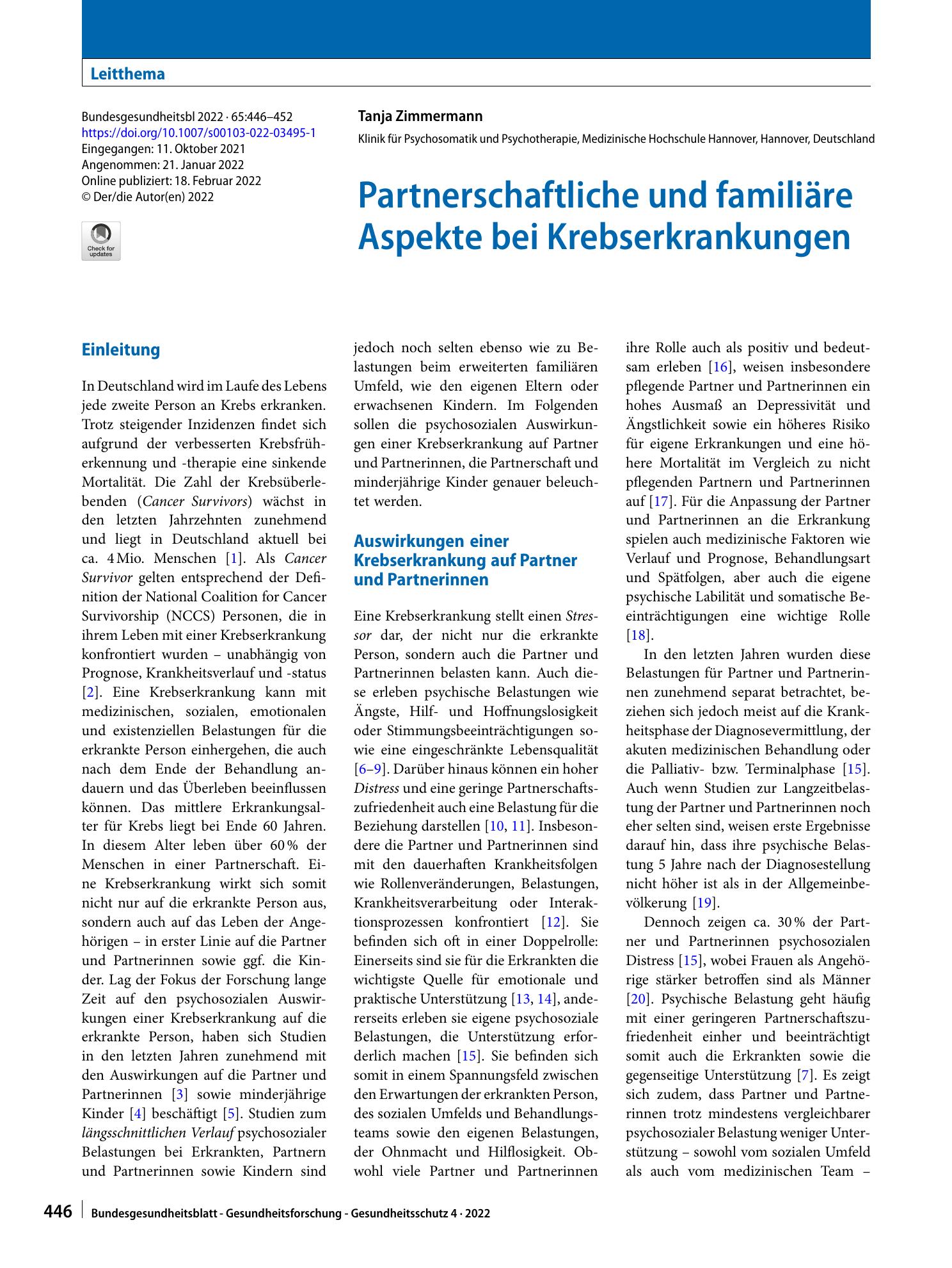 Vorschauseite 1: Partnerschaftliche und familiäre Aspekte bei Krebserkrankungen